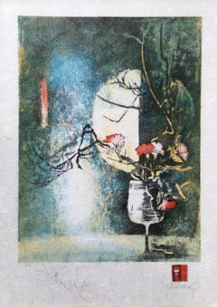 Vintage Wine Glass with Flowers, Lithograph by Hoi Lebadang