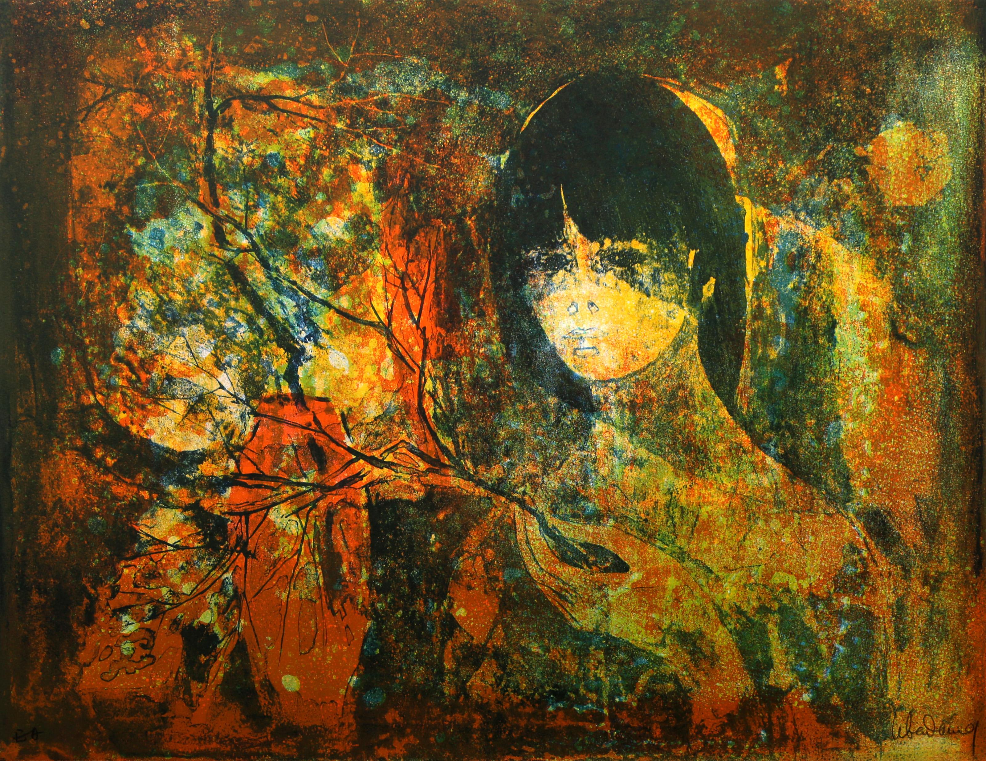 Lebadang (aka Hoi), Vietnamese (1922 - 2015) -  Woman with Branches. Medium: Lithograph, signed and numbered in pencil, Edition: E.A., Size: 19.5 x 25.5 in. (49.53 x 64.77 cm), Description: Lebadang was a Vietnam-born French artist whose work