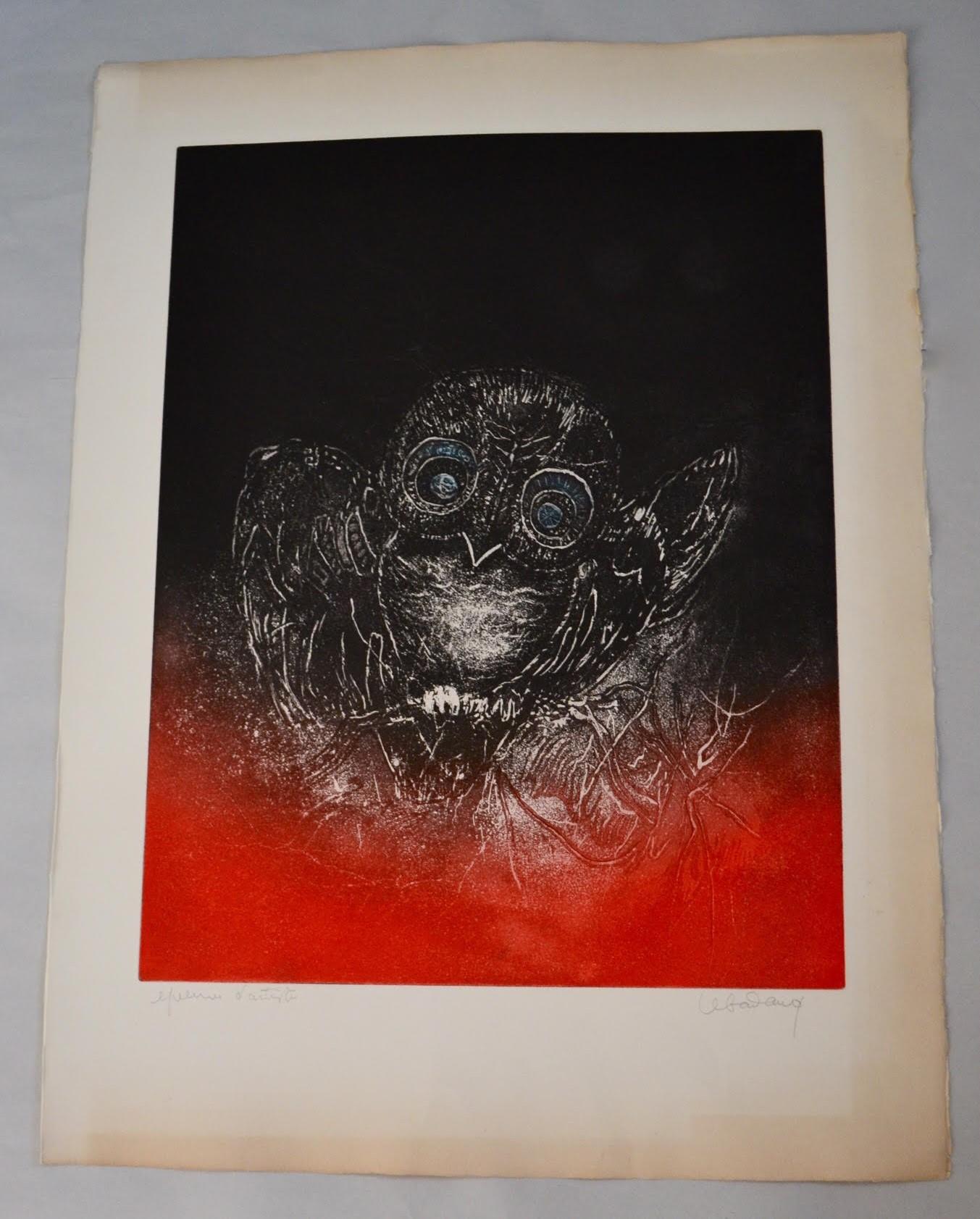A rare and hard to find owl image by Vietnamese born renowned French printmaker / artist Hoi Lebadang.

The print is pencil signed and noted as artist proof in French by the artist. 

Lebadang's work can be found in various prominent collections