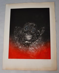 Hoi Lebadang Signed Vietnamese French Lithograph Art Print of Owl