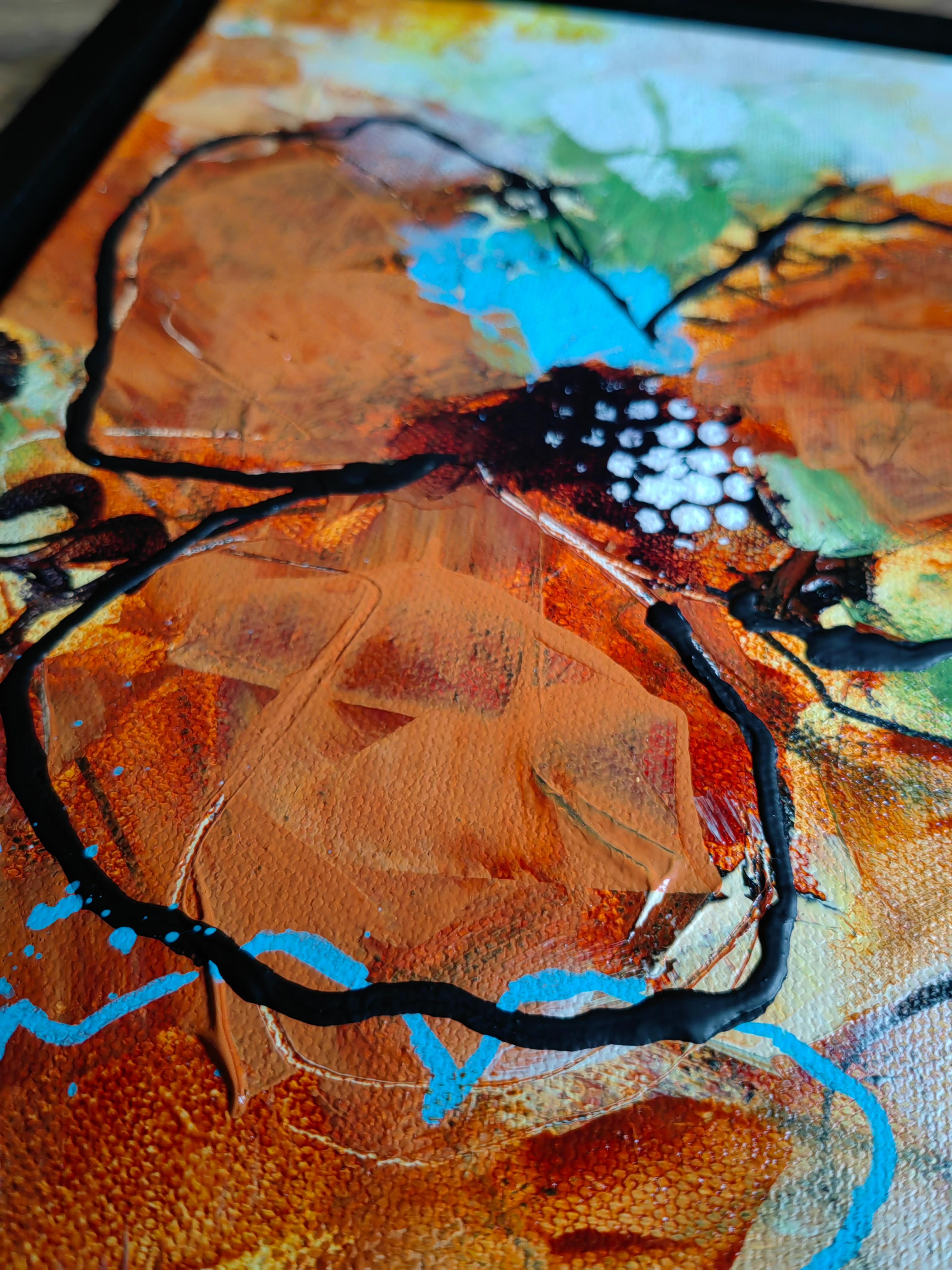 Dies ist ein abstraktes, strukturiertes Acrylbild mit gemalten Rändern. Es wird gerahmt verkauft und ist bereit zum Aufhängen. Größe gerahmt: 44 x 44 x 3,5 cm

Trotz seiner geringen Größe zieht 