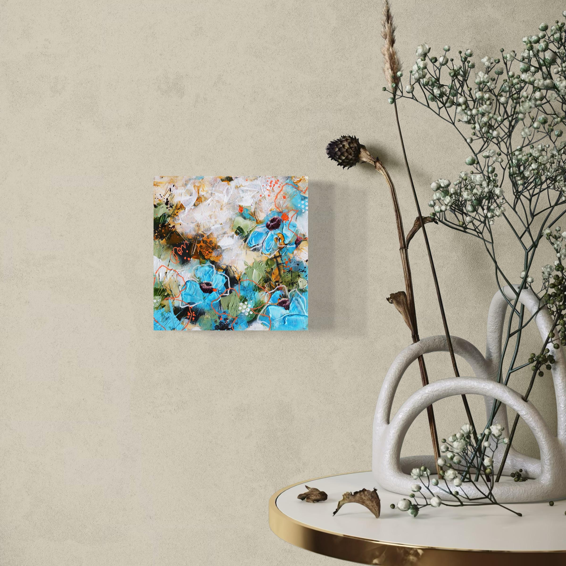 This is a small abstract textured acrylic floral painting with extra deep (7cm) painted edges. The painting can be hung on a wall or placed on a table.

Despite its small size, 