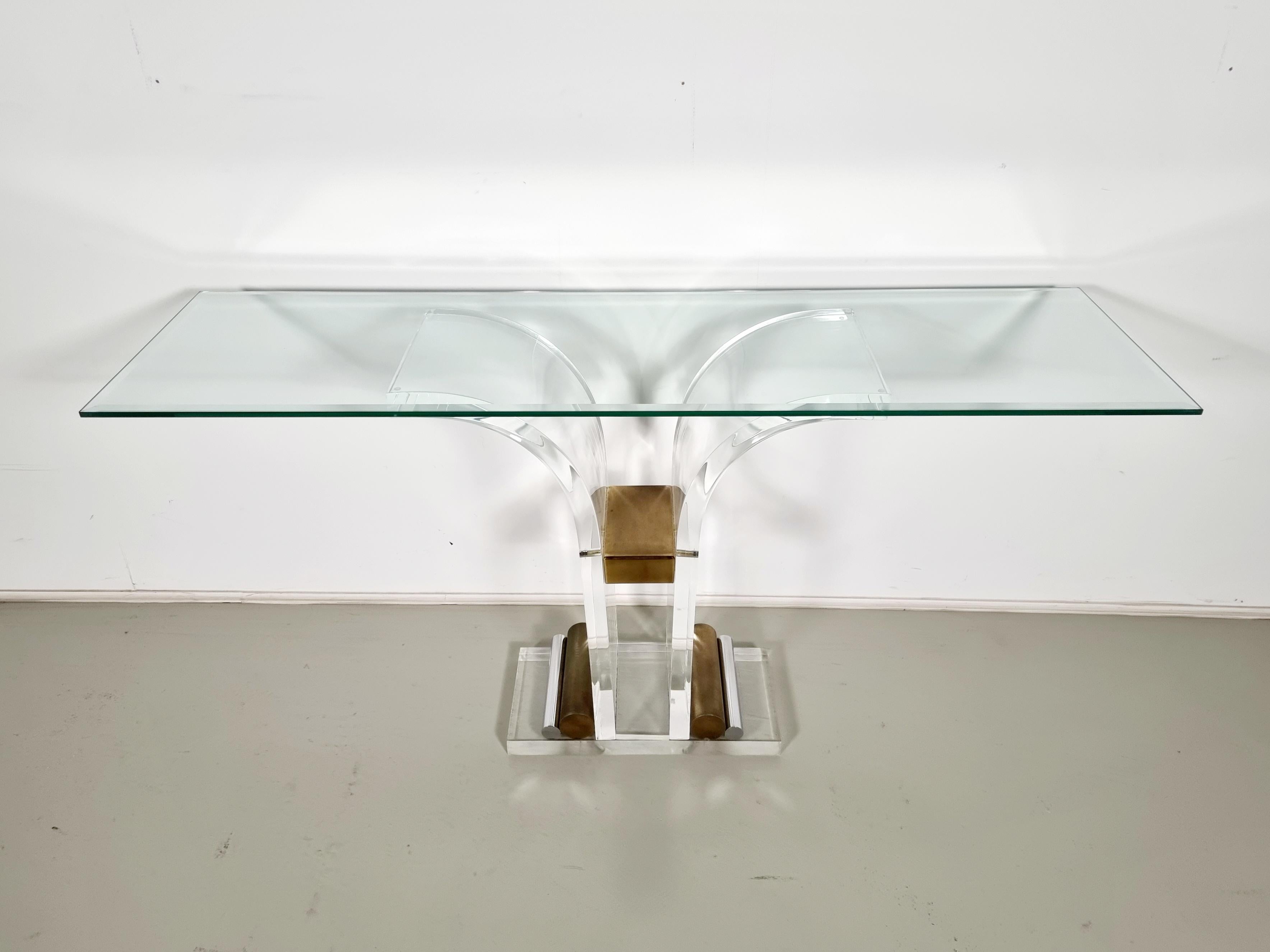 Charles Hollis Jones lucite, brass and glass console table, 1970s For Sale 3