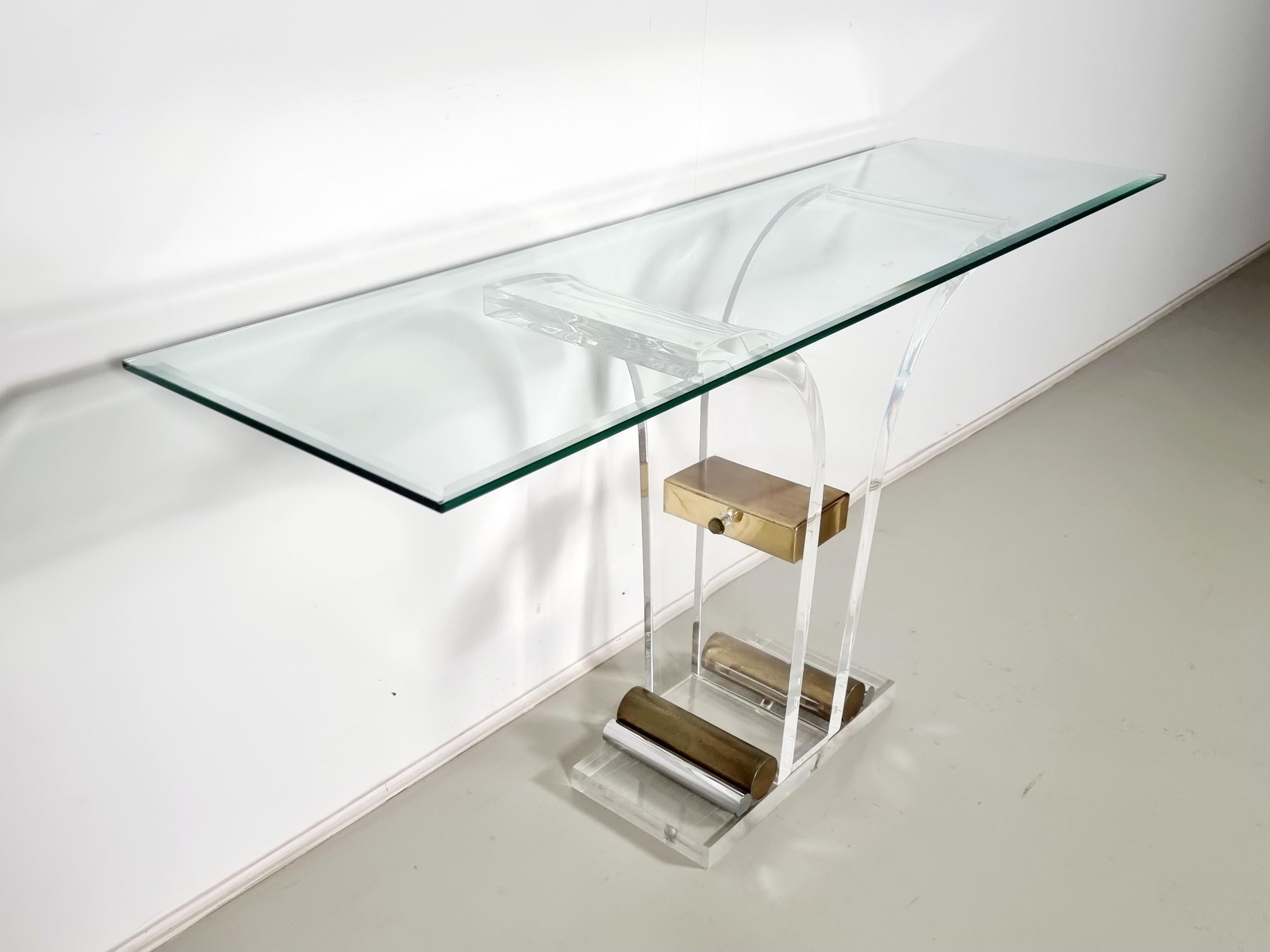 Charles Hollis Jones lucite, brass and glass console table, 1970s For Sale 4