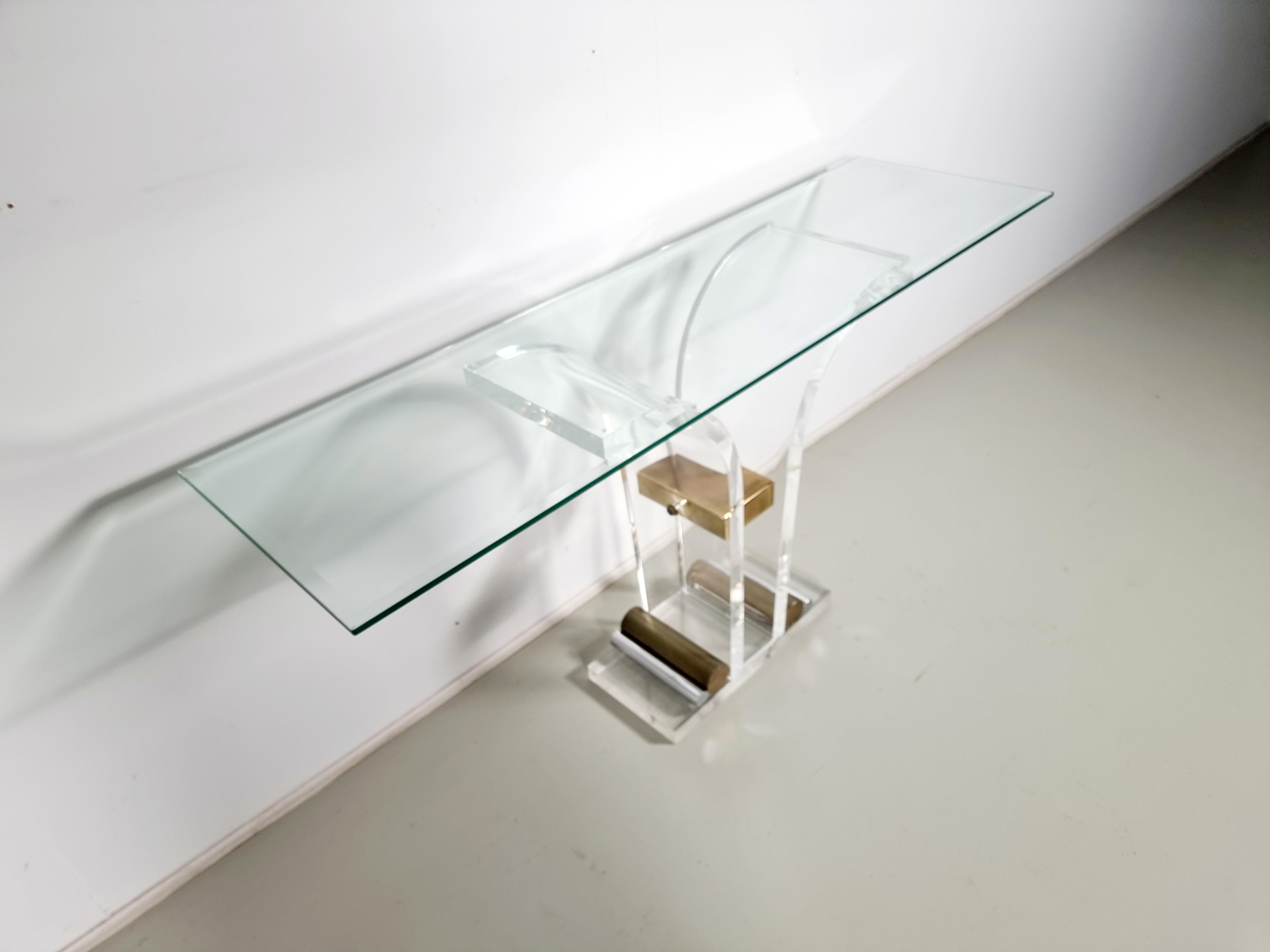 Charles Hollis Jones lucite, brass and glass console table, 1970s For Sale 7