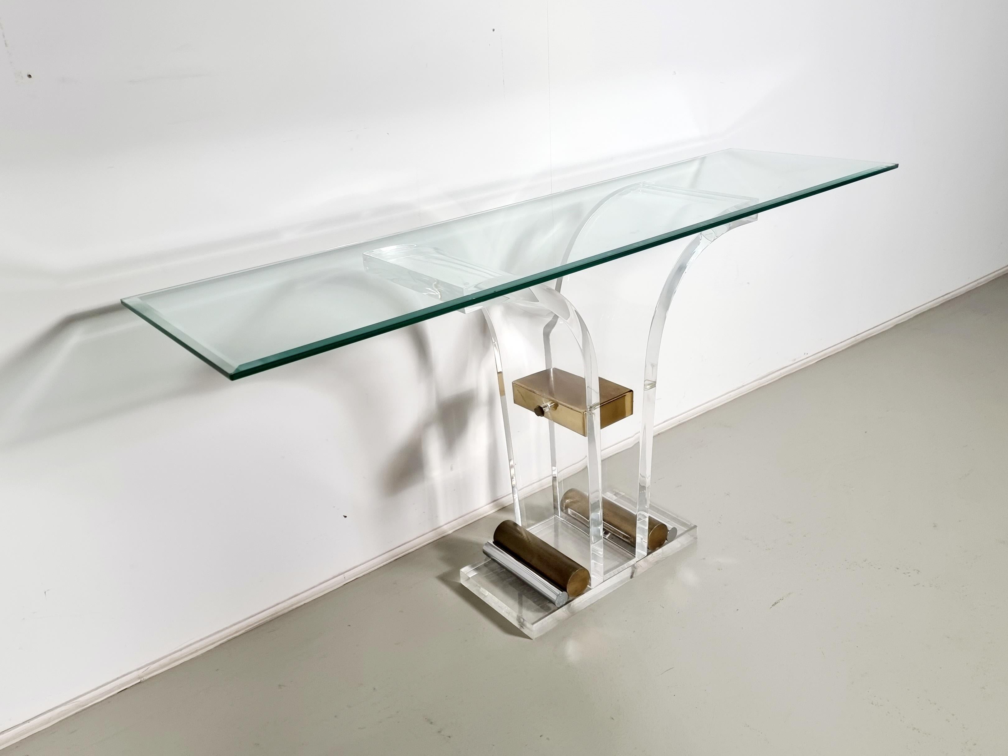 Charles Hollis Jones lucite, brass and glass console table, 1970s For Sale 1