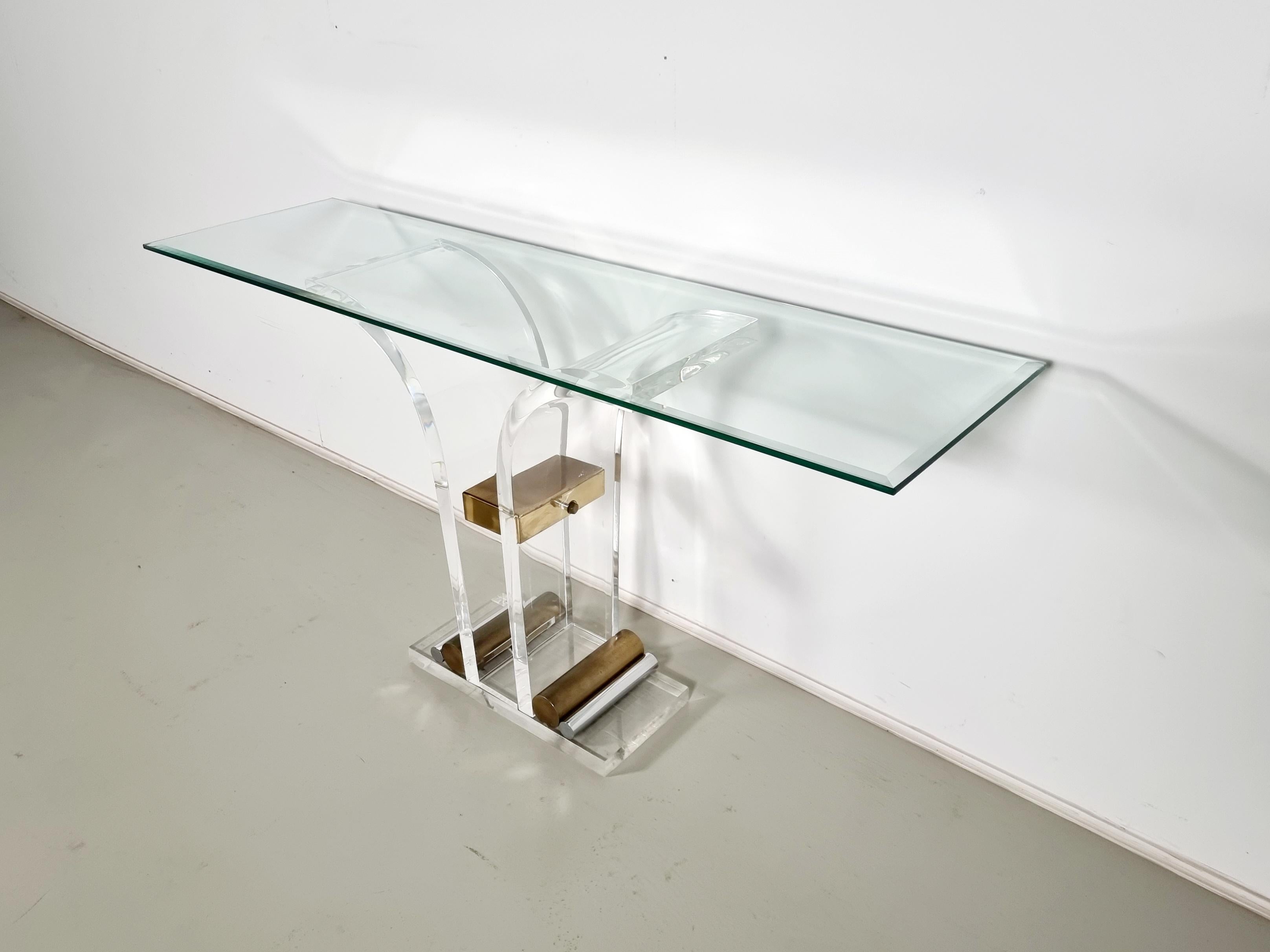 Charles Hollis Jones lucite, brass and glass console table, 1970s For Sale 2