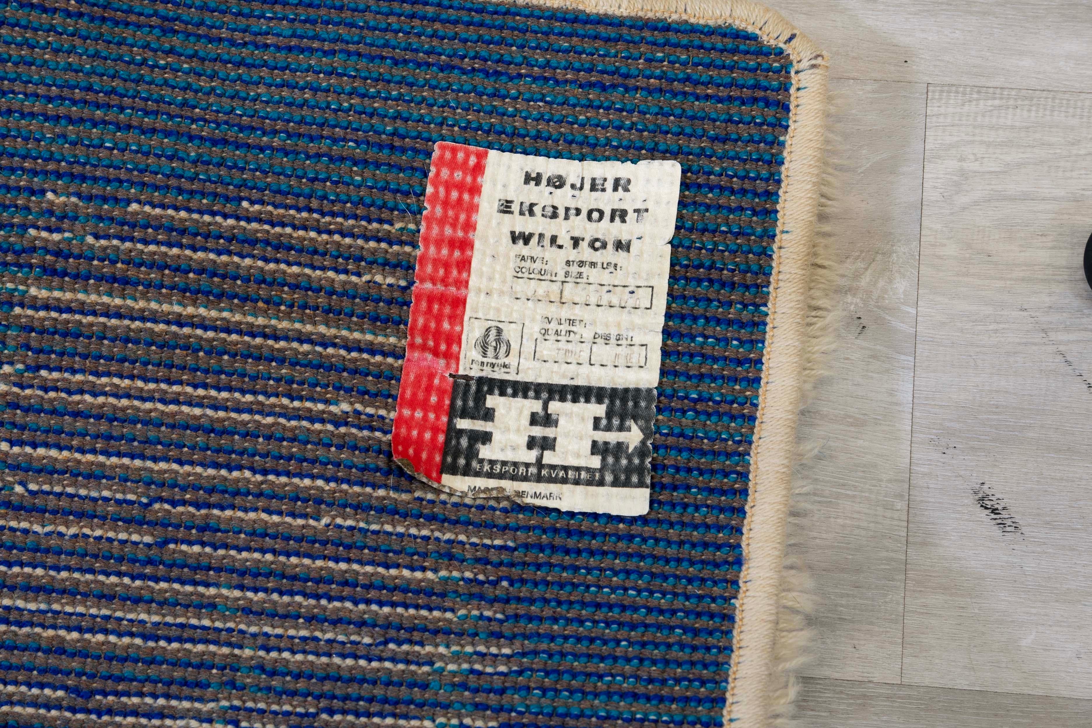 20th Century Hojer Eksport Wilton Danish Blue and Purple Abstract Design Mid Century Rya Rug For Sale