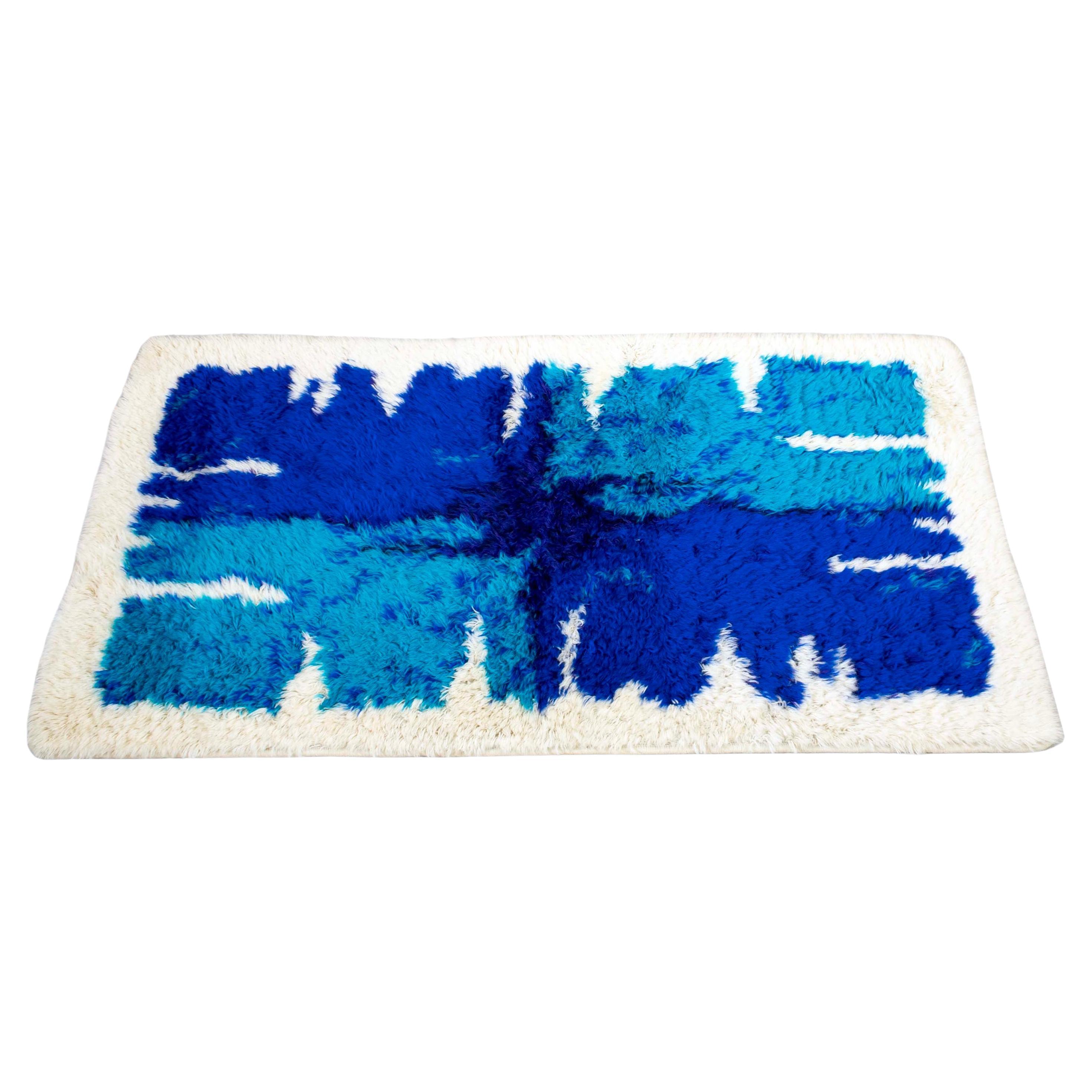 Hojer Eksport Wilton Danish Blue and Purple Abstract Design Mid Century Rya Rug