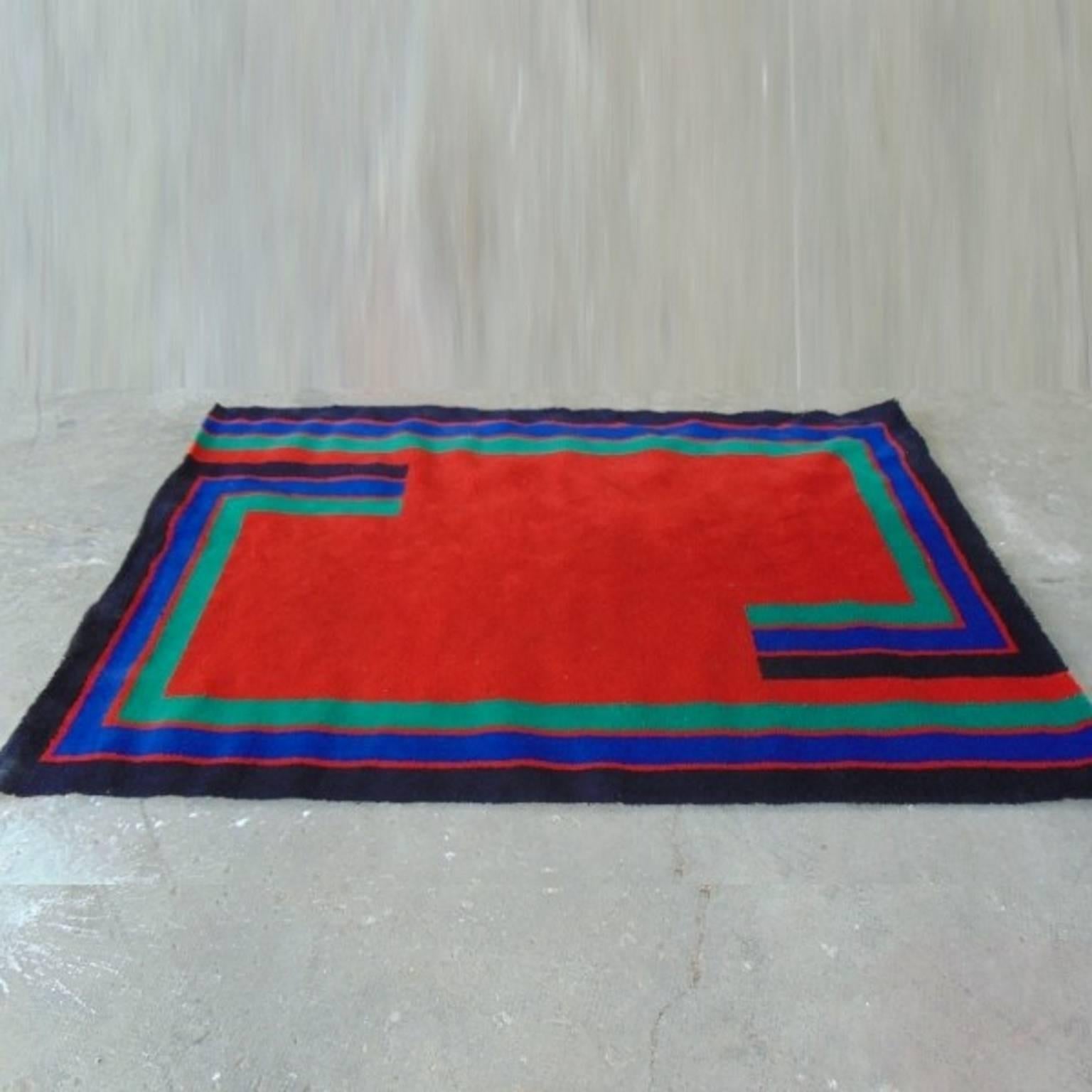 Mid-Century Modern Hojer Eksport Wilton Pure Wool Carpet Geometric Red Blue Turquoise, 1975