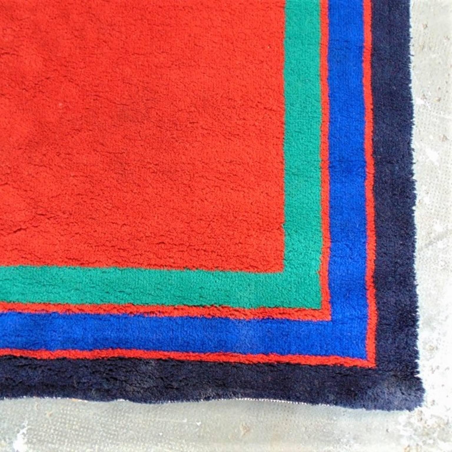 Hojer Eksport Wilton Pure Wool Carpet Geometric Red Blue Turquoise, 1975 In Fair Condition In Arosio, IT