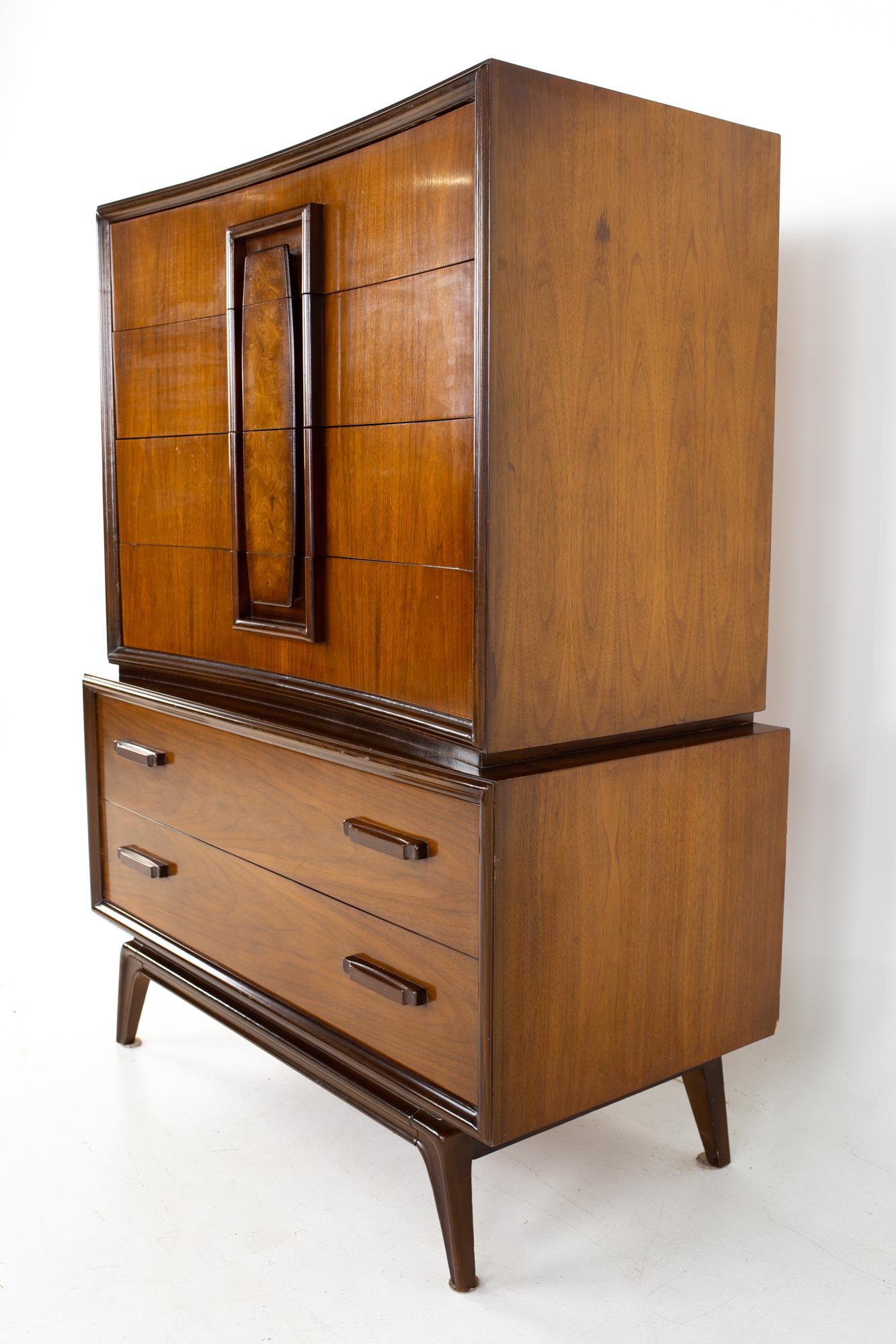 Hoke Wood Products MCM Walnut and Burlwood Gentleman's Chest Highboy Dresser In Good Condition In Countryside, IL