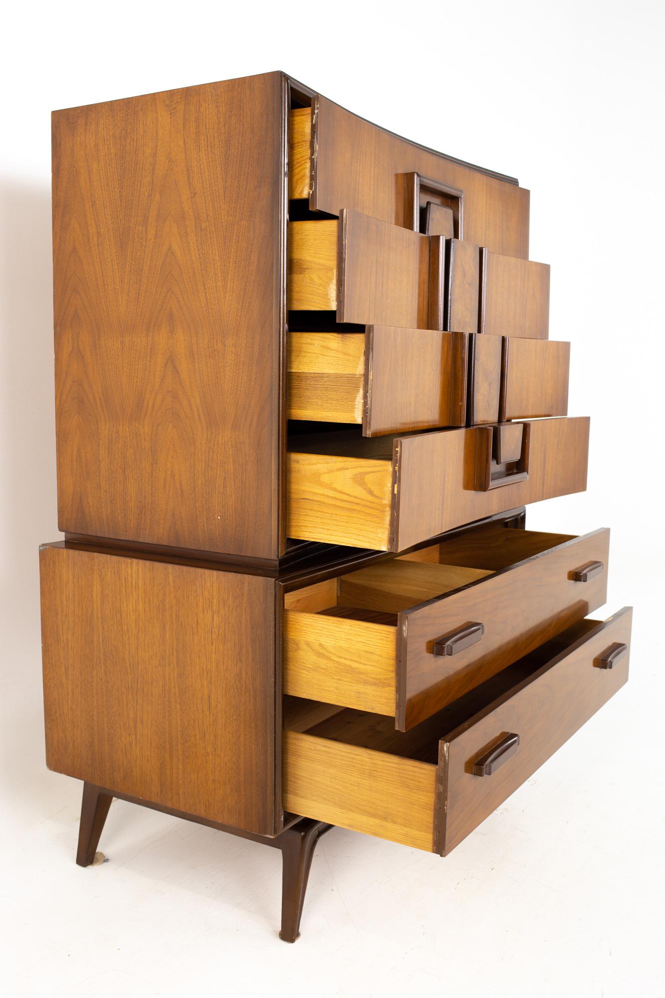 Late 20th Century Hoke Wood Products MCM Walnut and Burlwood Gentleman's Chest Highboy Dresser