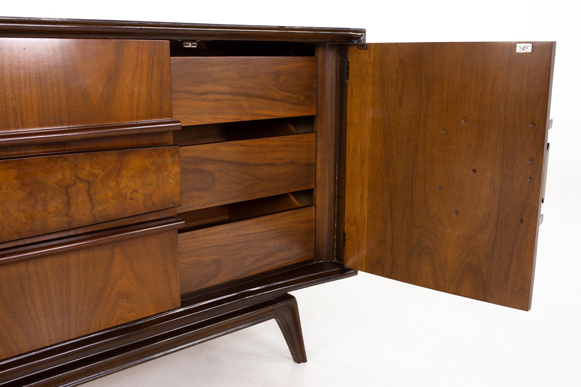Hoke Wood Products Mid Century Walnut and Burlwood 9 Drawer Lowboy Dresser 3
