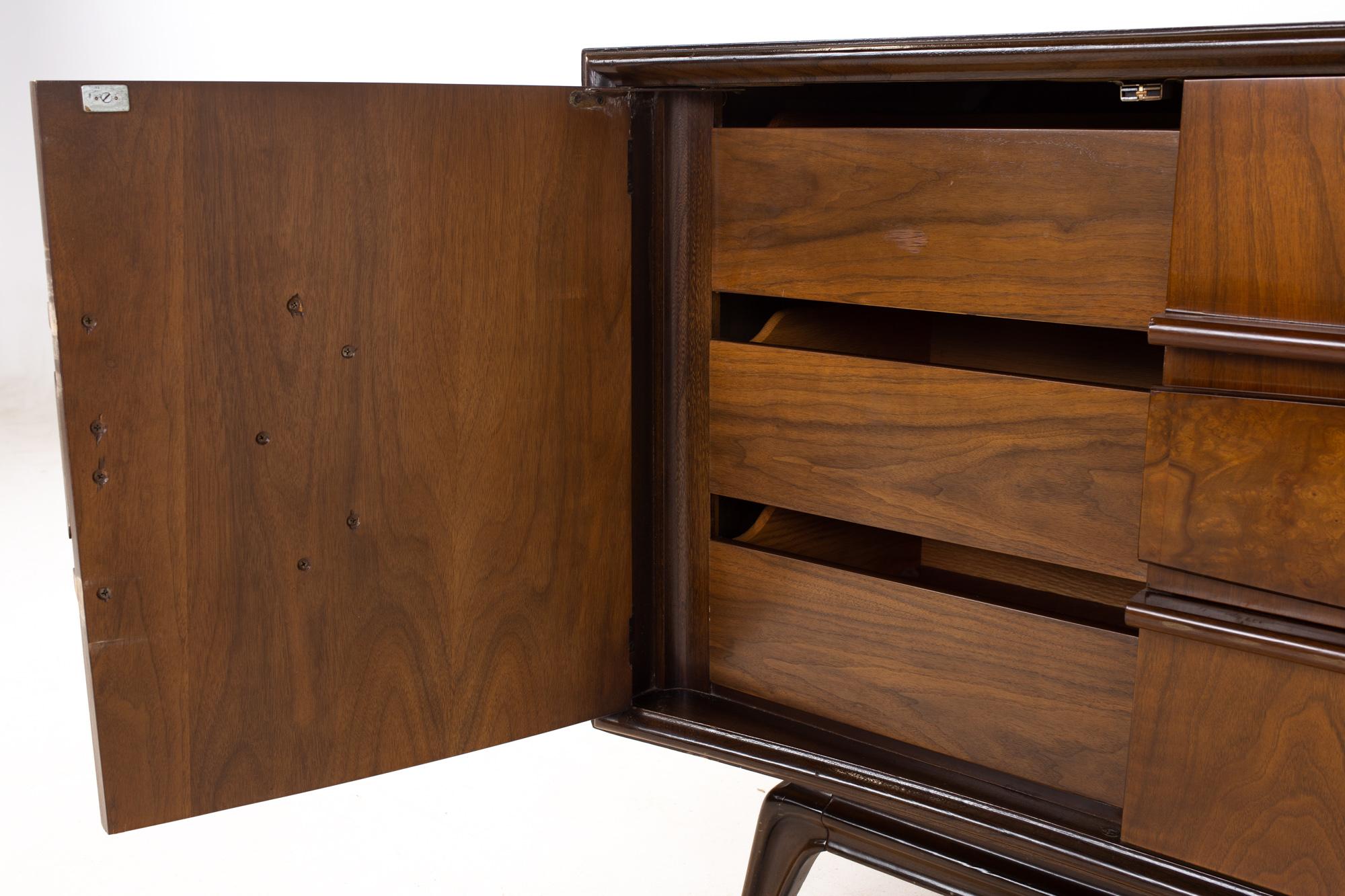 Hoke Wood Products Mid Century Walnut and Burlwood 9 Drawer Lowboy Dresser 4