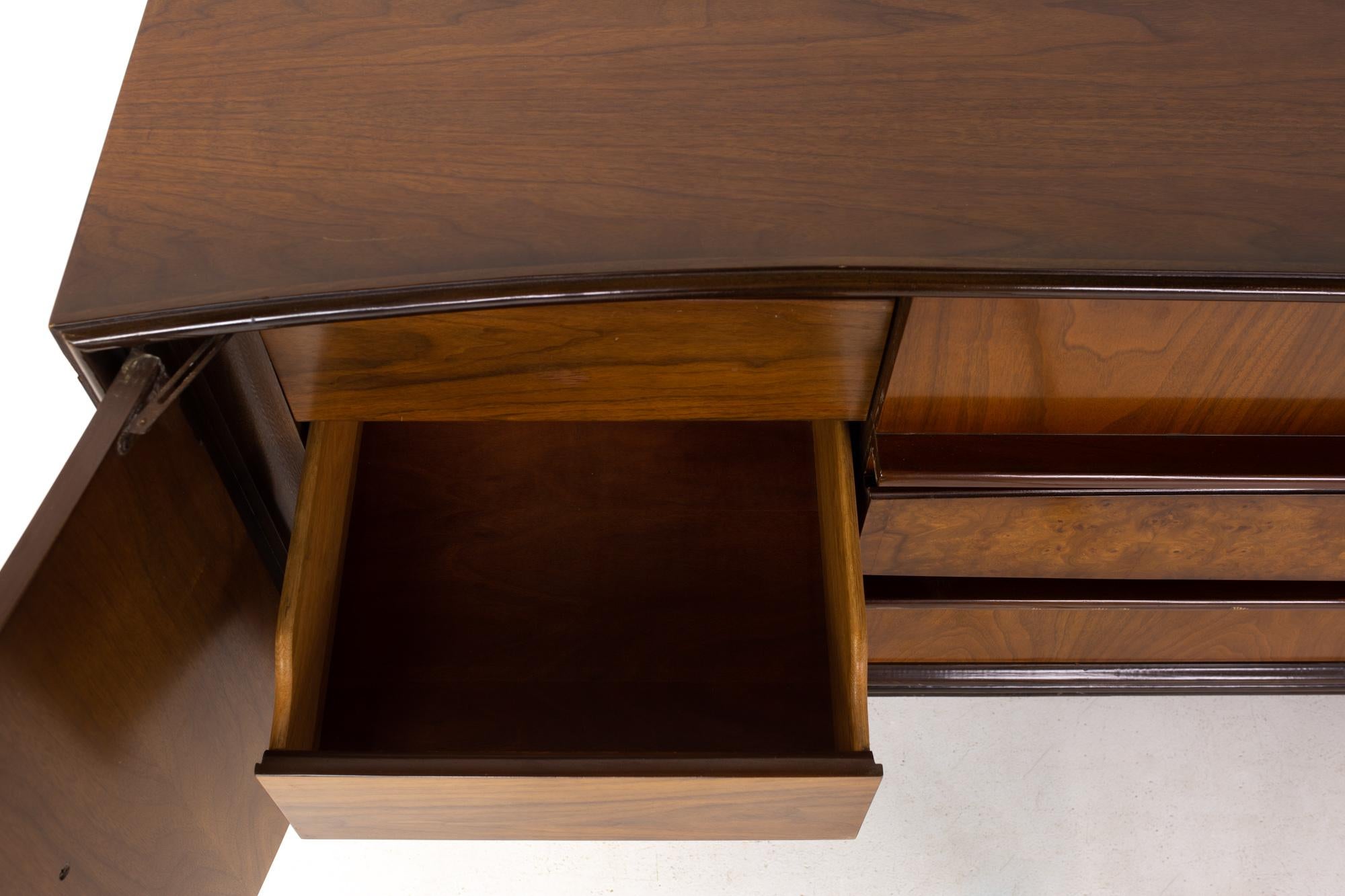 Hoke Wood Products Mid Century Walnut and Burlwood 9 Drawer Lowboy Dresser 5