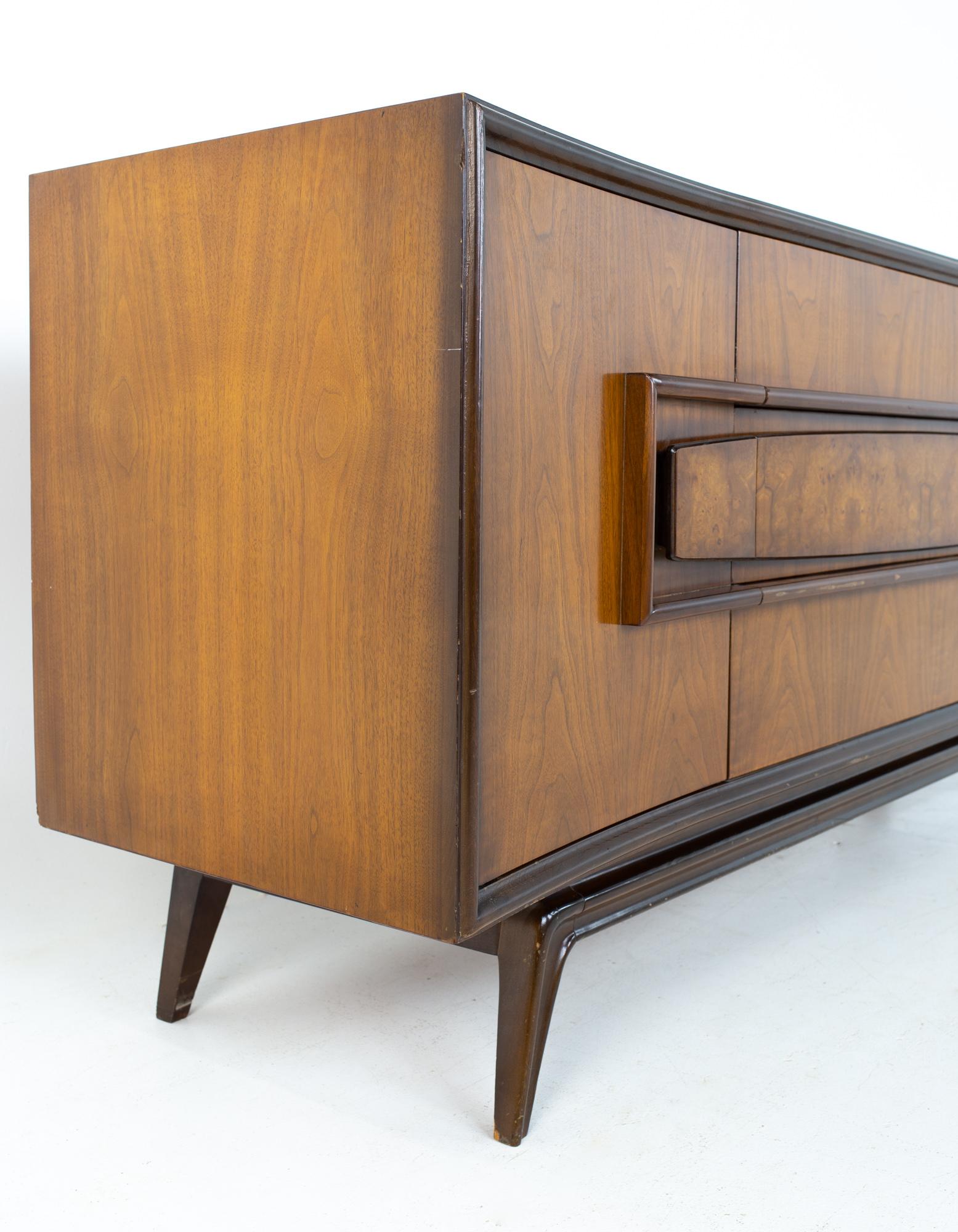 Mid-Century Modern Hoke Wood Products Mid Century Walnut and Burlwood 9 Drawer Lowboy Dresser
