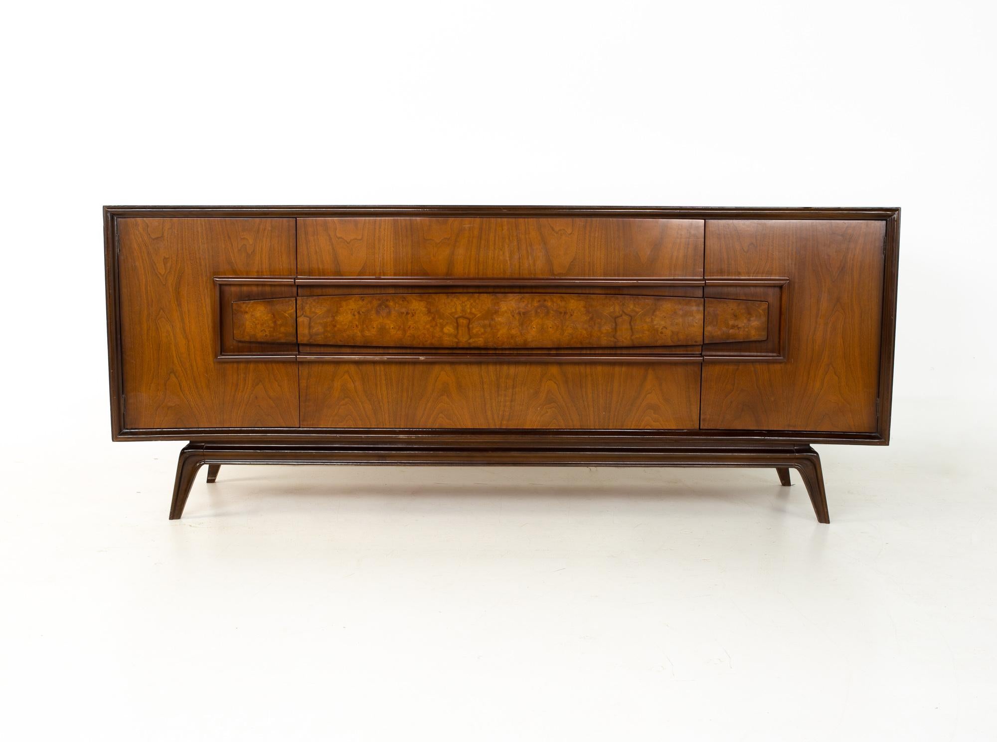 American Hoke Wood Products Mid Century Walnut and Burlwood 9 Drawer Lowboy Dresser
