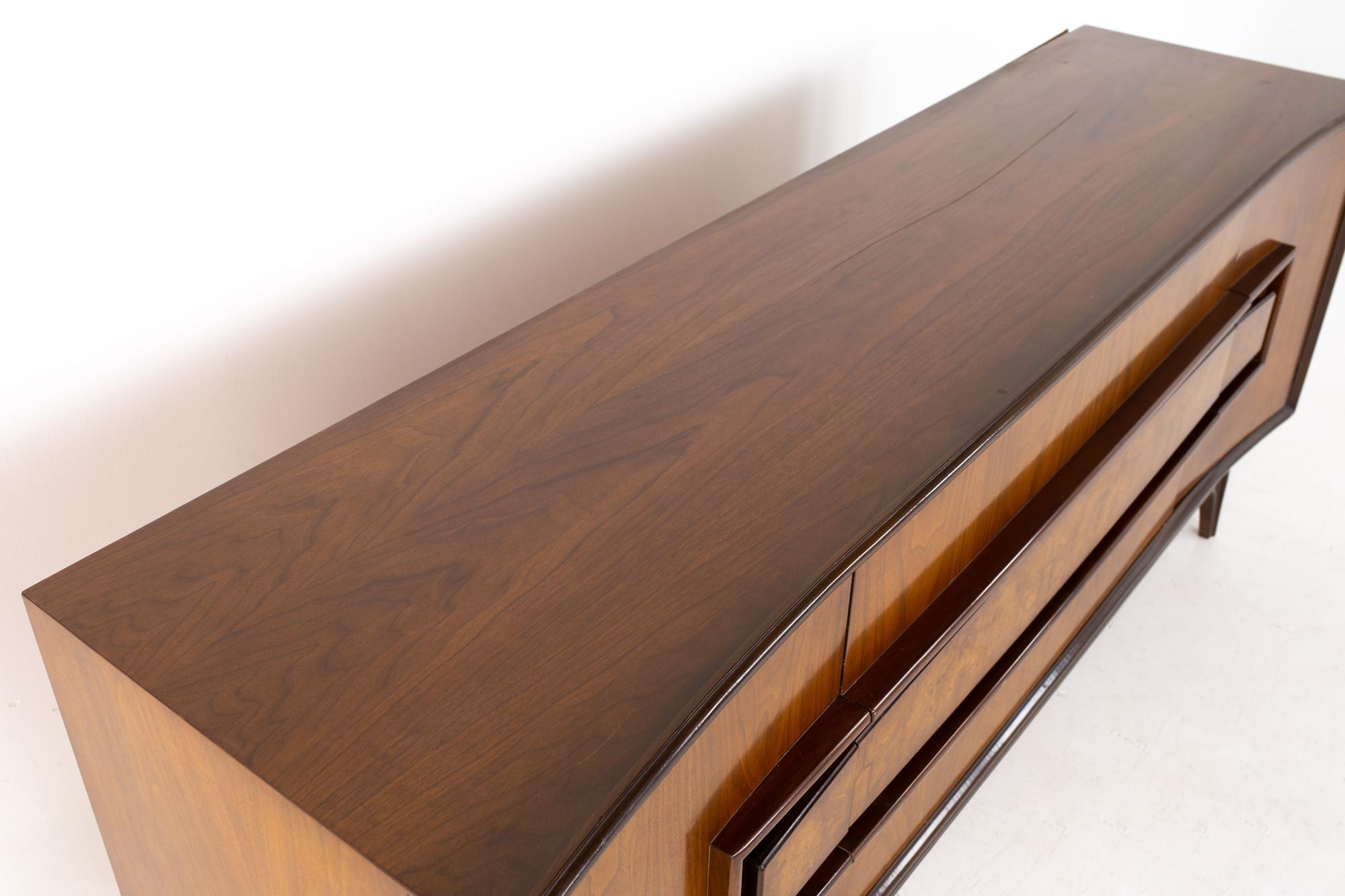 Late 20th Century Hoke Wood Products Mid Century Walnut and Burlwood 9 Drawer Lowboy Dresser