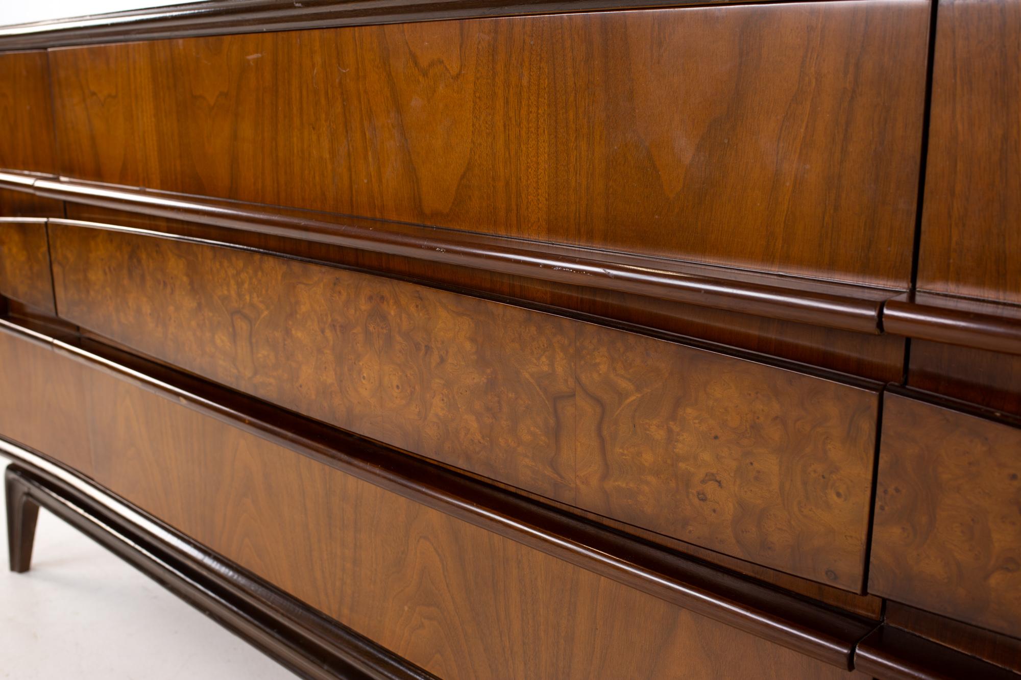 Hoke Wood Products Mid Century Walnut and Burlwood 9 Drawer Lowboy Dresser 2