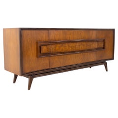 Hoke Wood Products Mid Century Walnut and Burlwood 9 Drawer Lowboy Dresser