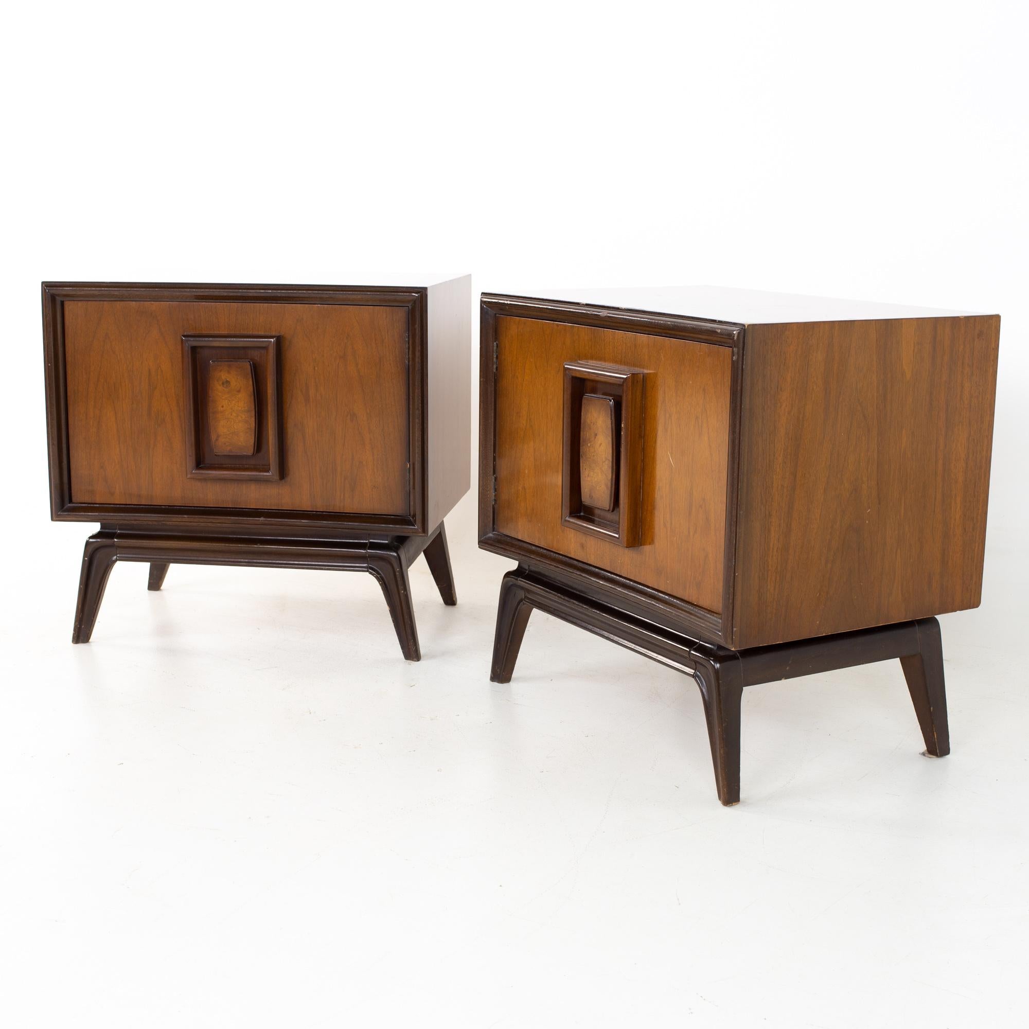Hoke Wood Products Mid Century walnut and burlwood nightstands, a pair
Each nightstand measures: 26 wide x 18 deep x 25 inches high

All pieces of furniture can be had in what we call restored vintage condition. That means the piece is restored