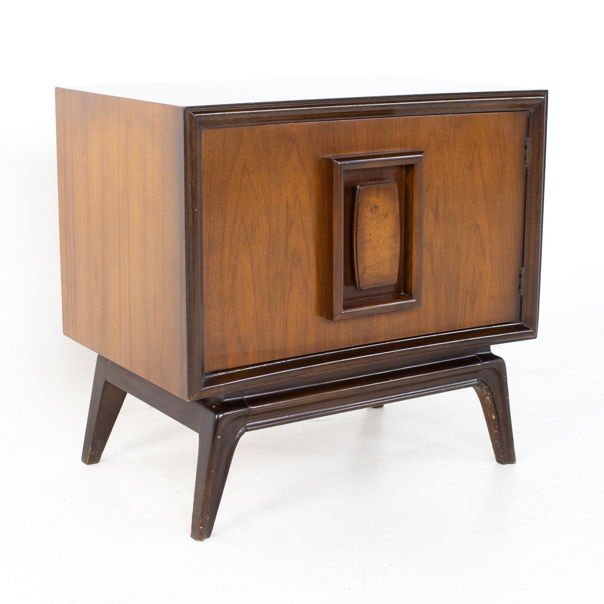 American Hoke Wood Products Mid Century Walnut and Burlwood Nightstands, a Pair