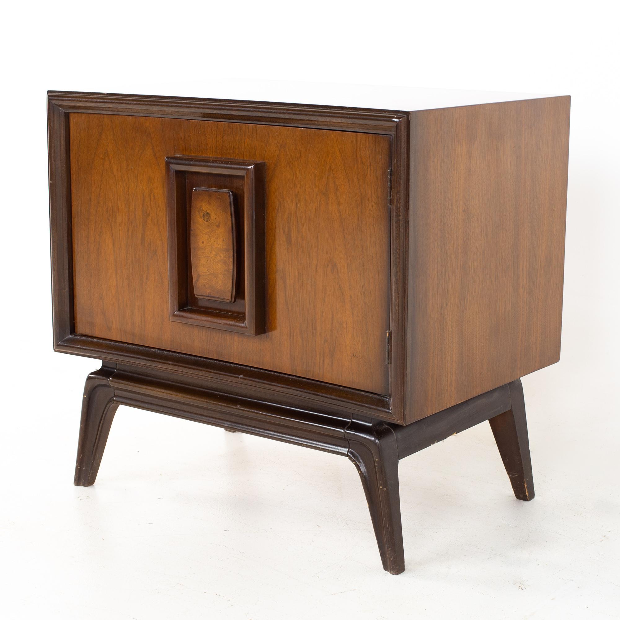 American Hoke Wood Products Mid Century Walnut and Burlwood Nightstands, a Pair