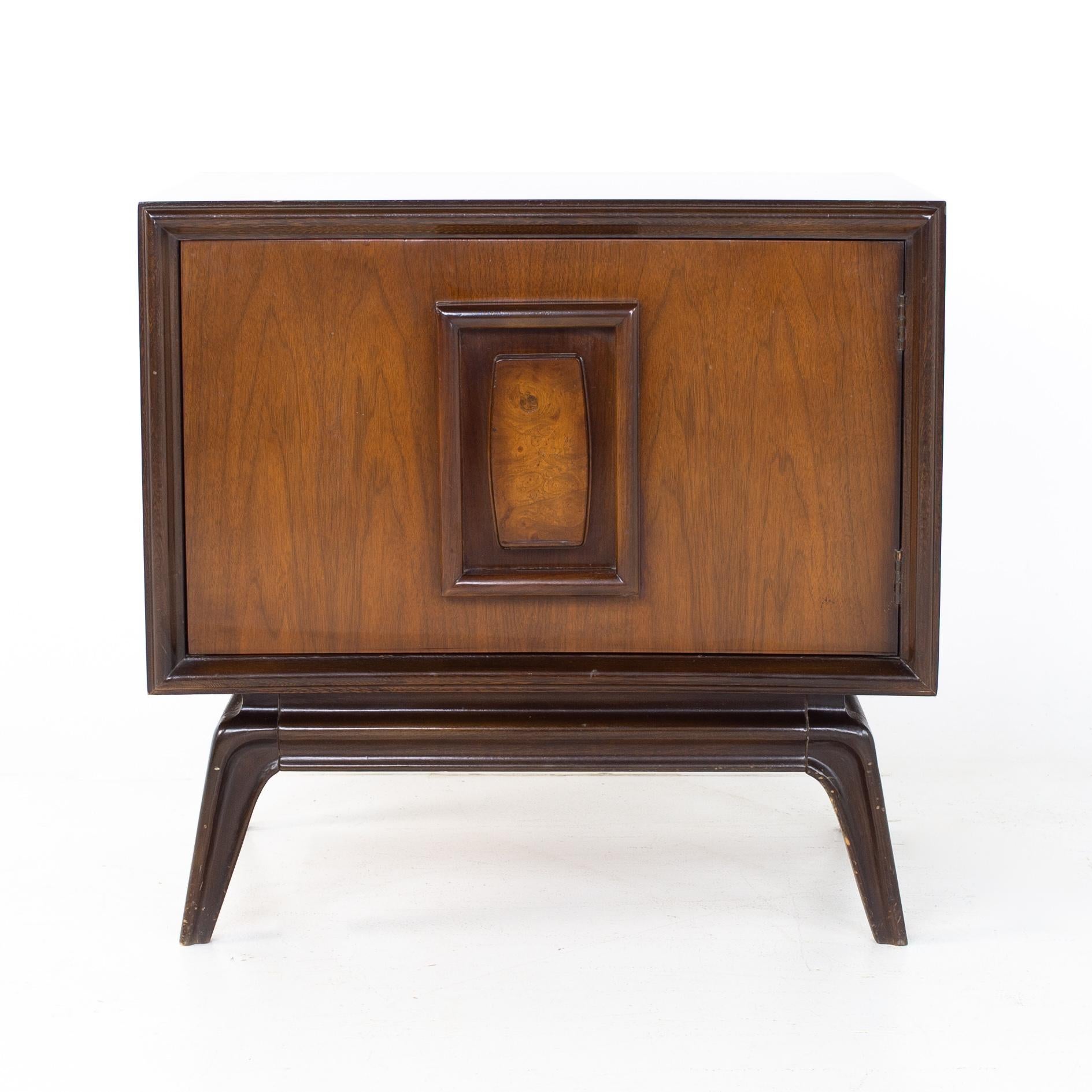 Late 20th Century Hoke Wood Products Mid Century Walnut and Burlwood Nightstands, a Pair