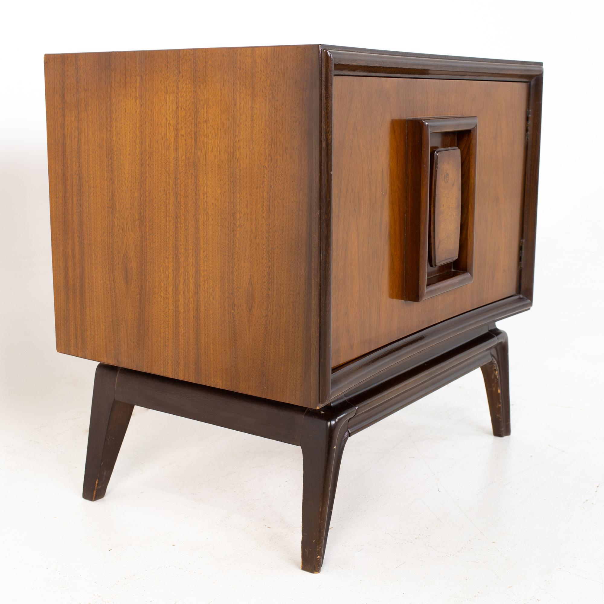 Late 20th Century Hoke Wood Products Mid Century Walnut and Burlwood Nightstands, a Pair