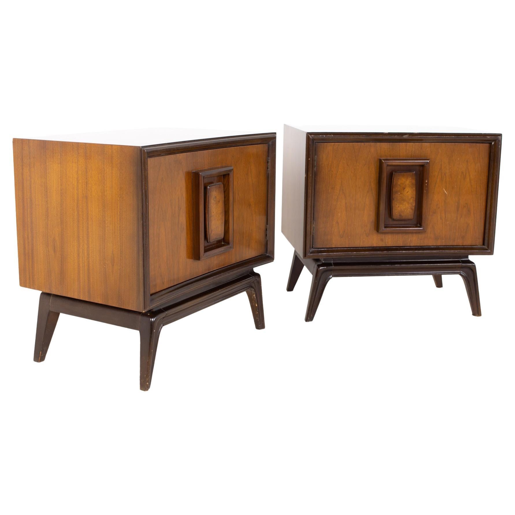 Hoke Wood Products Mid Century Walnut and Burlwood Nightstands, a Pair