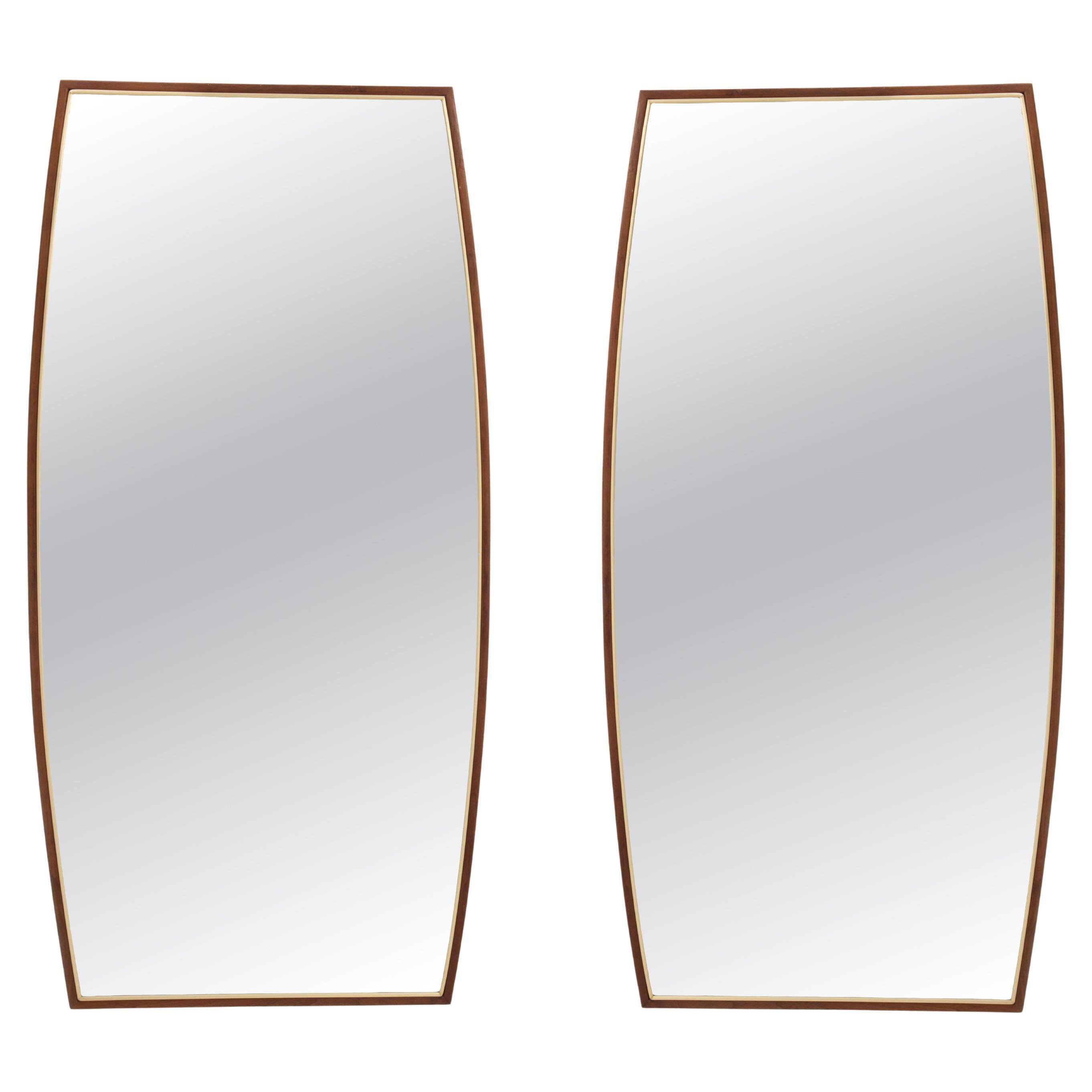 Hoke Wood Products Walnut Brass Beveled Glass Boat Shaped Mirrors - a Pair For Sale