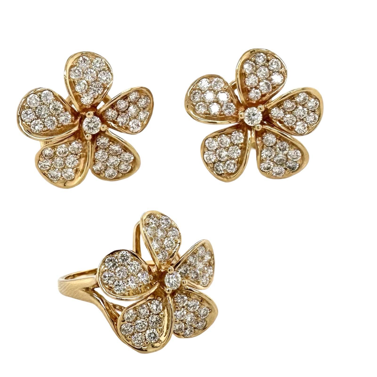 Hoku Plumeria Pave Diamond Earrings and Ring 2-Piece Set in 14k Yellow Gold 1