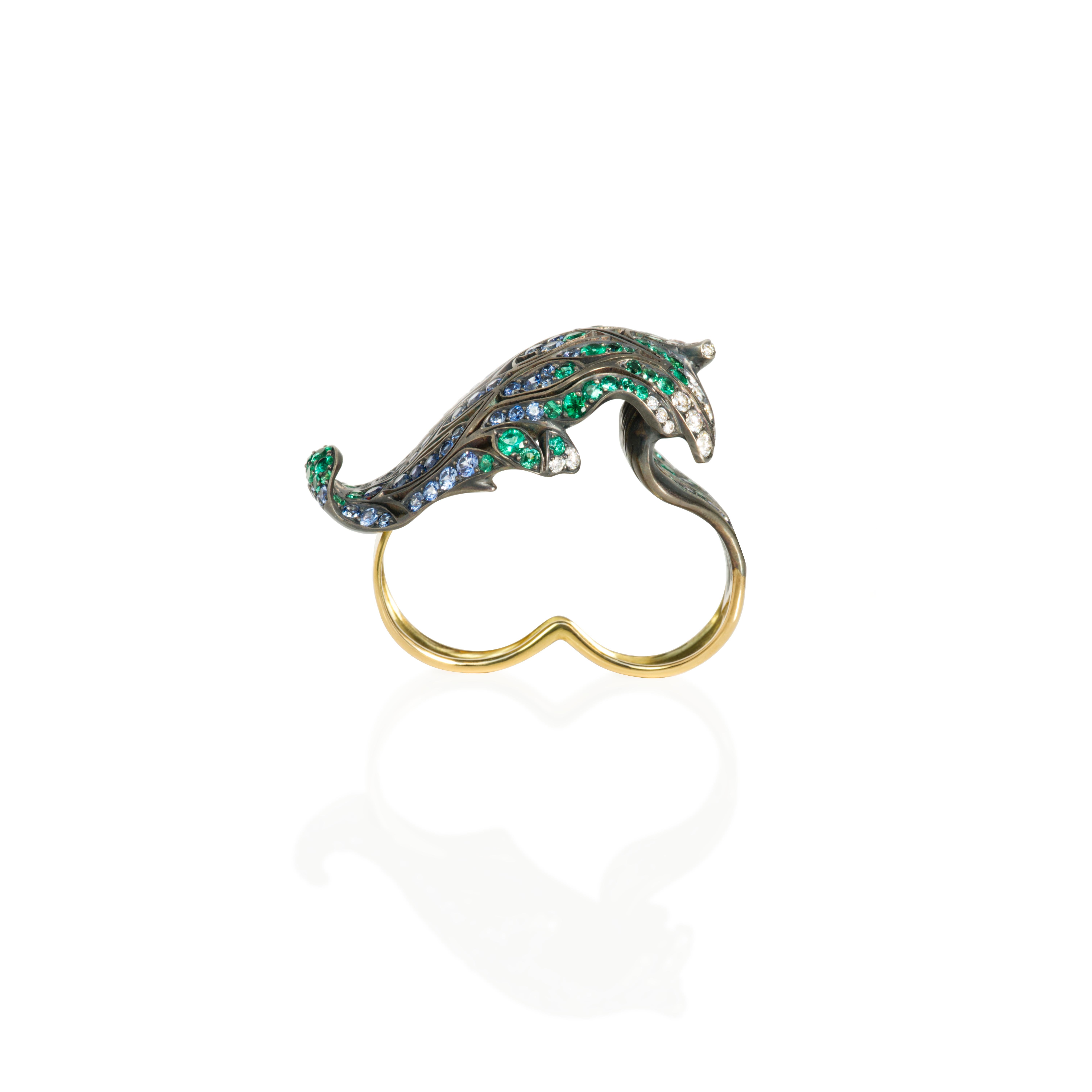 Contemporary Hokusai wave, Ceylon sapphires, emeralds and diamonds Two Finger Cocktail Ring For Sale