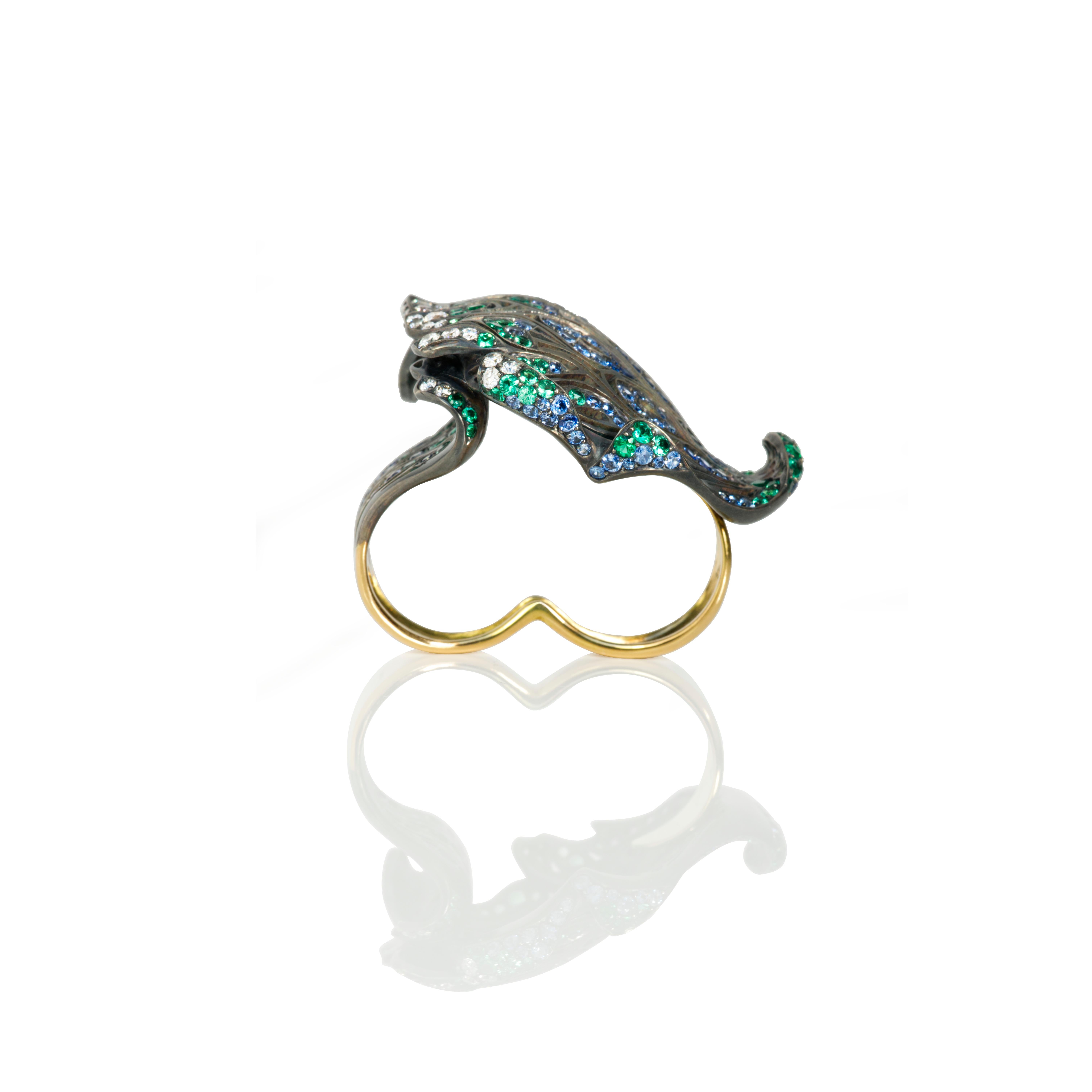 Brilliant Cut Hokusai wave, Ceylon sapphires, emeralds and diamonds Two Finger Cocktail Ring For Sale