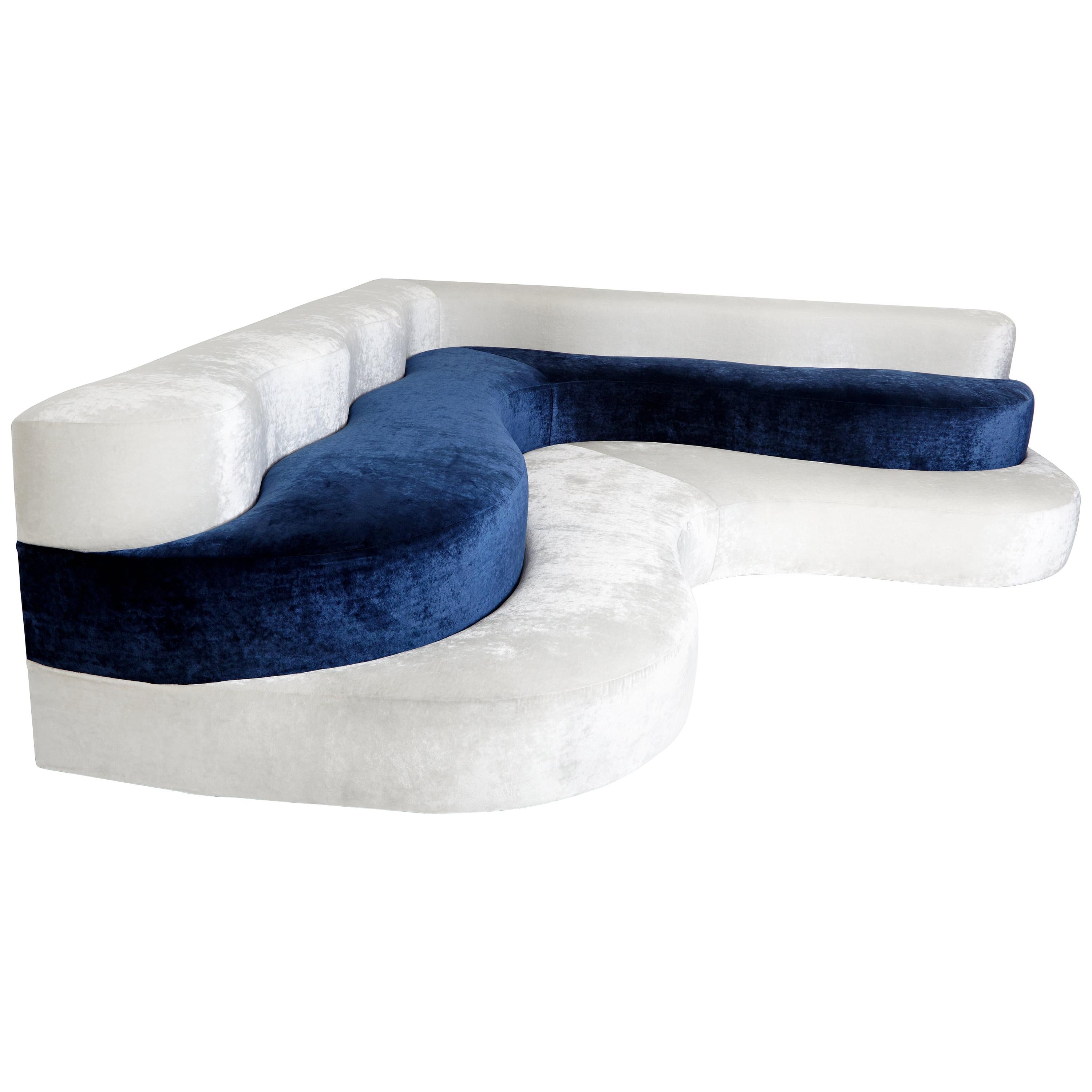 Holas Banquette Custom Curves Rounded shape playroom seating blue white velvet  For Sale