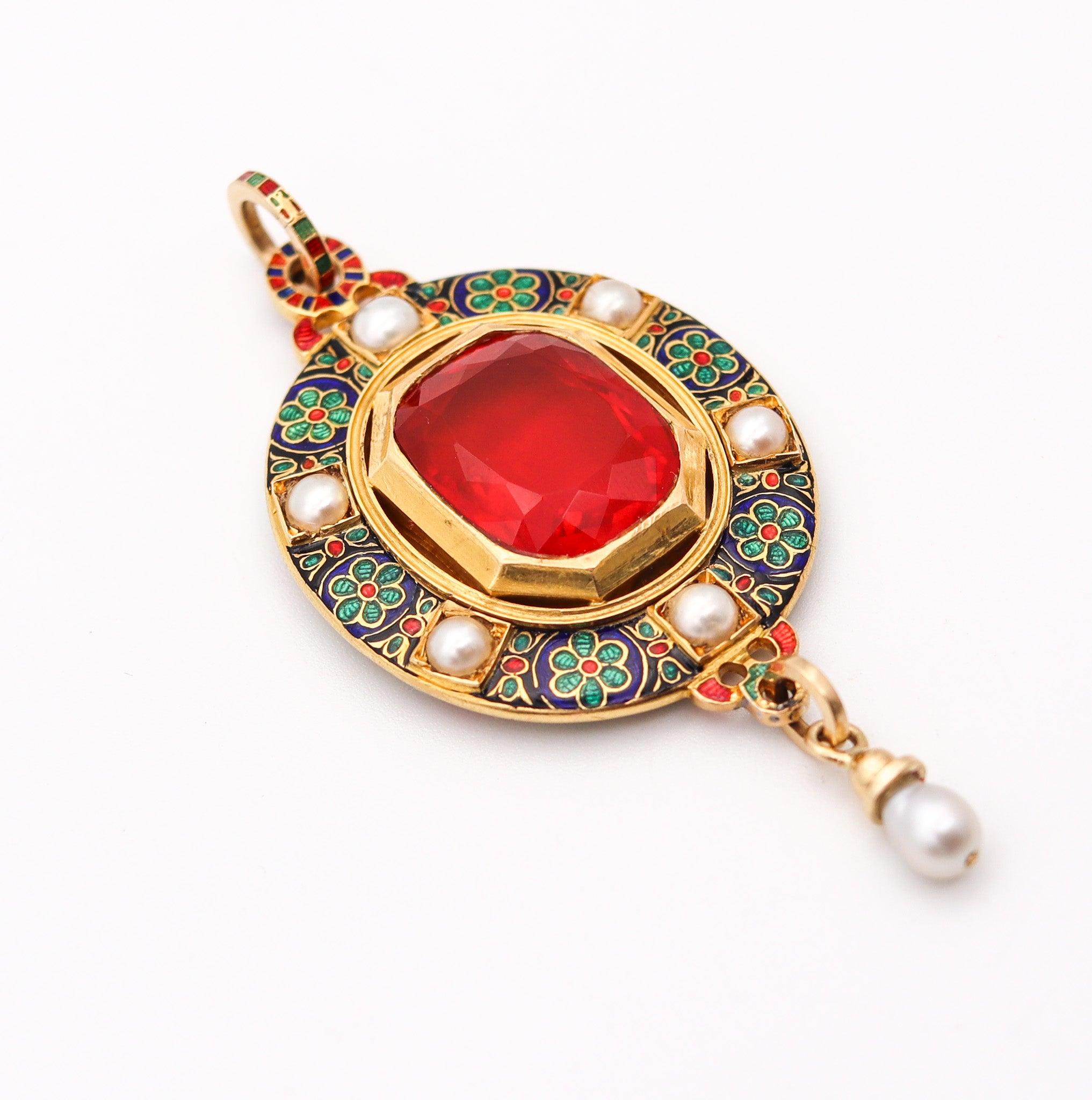Holbeinesque HOLBEINESQUE 1860 Russell Renaissance Revival Pendant 19Kt Gold Pearls Fire Opal For Sale