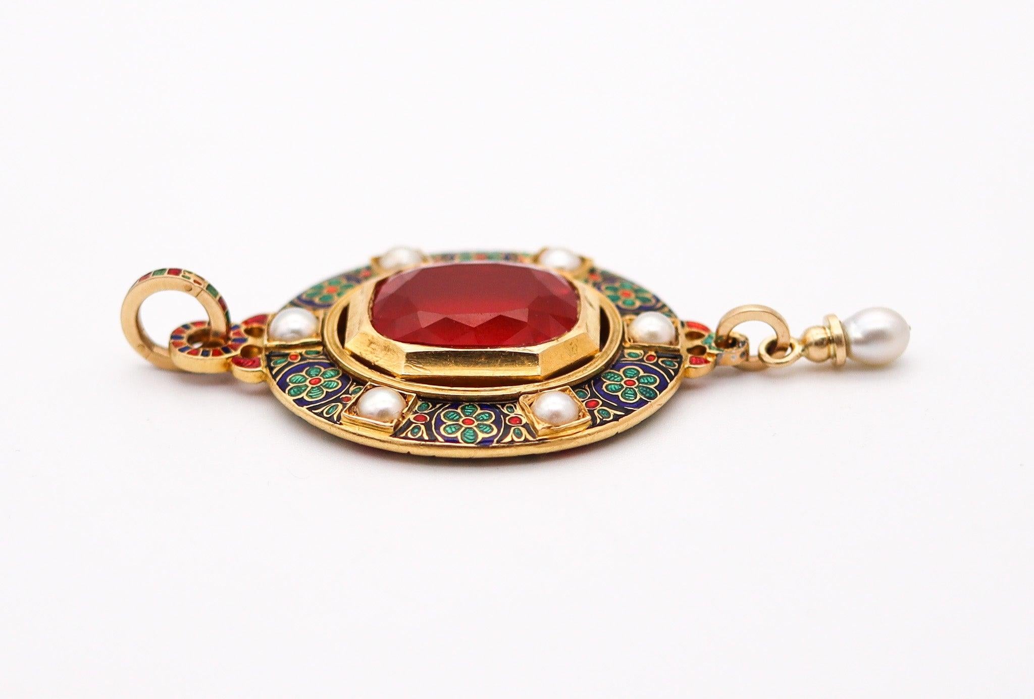 Cushion Cut HOLBEINESQUE 1860 Russell Renaissance Revival Pendant 19Kt Gold Pearls Fire Opal For Sale