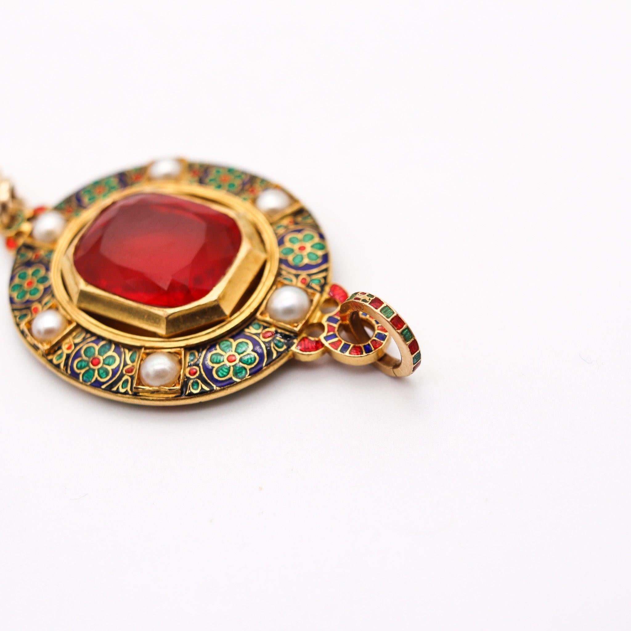 HOLBEINESQUE 1860 Russell Renaissance Revival Pendant 19Kt Gold Pearls Fire Opal In Excellent Condition For Sale In Miami, FL