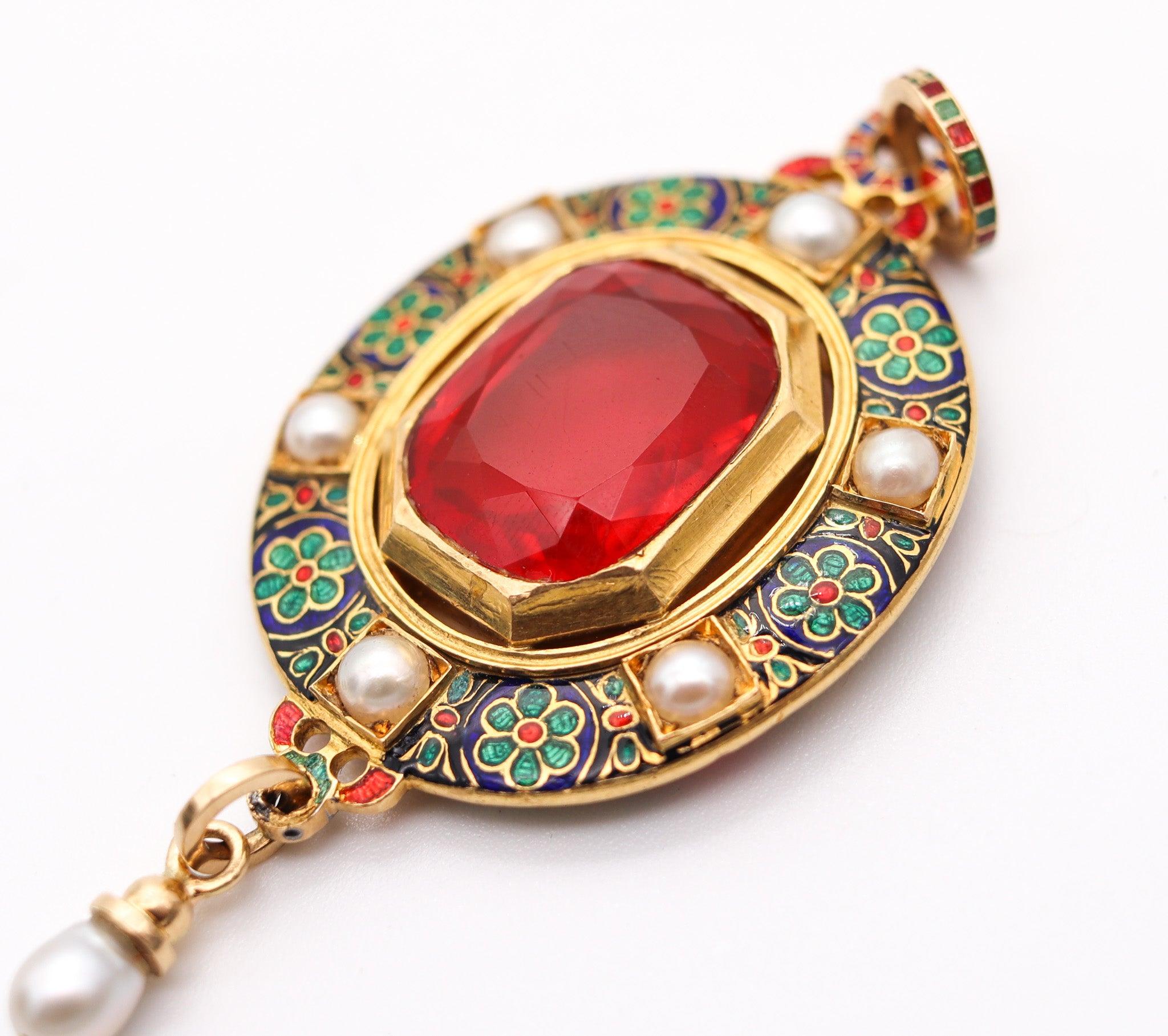Women's HOLBEINESQUE 1860 Russell Renaissance Revival Pendant 19Kt Gold Pearls Fire Opal For Sale