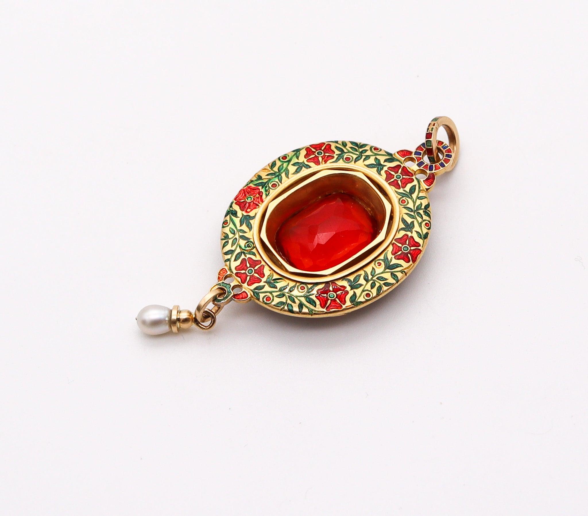 HOLBEINESQUE 1860 Russell Renaissance Revival Pendant 19Kt Gold Pearls Fire Opal For Sale 1