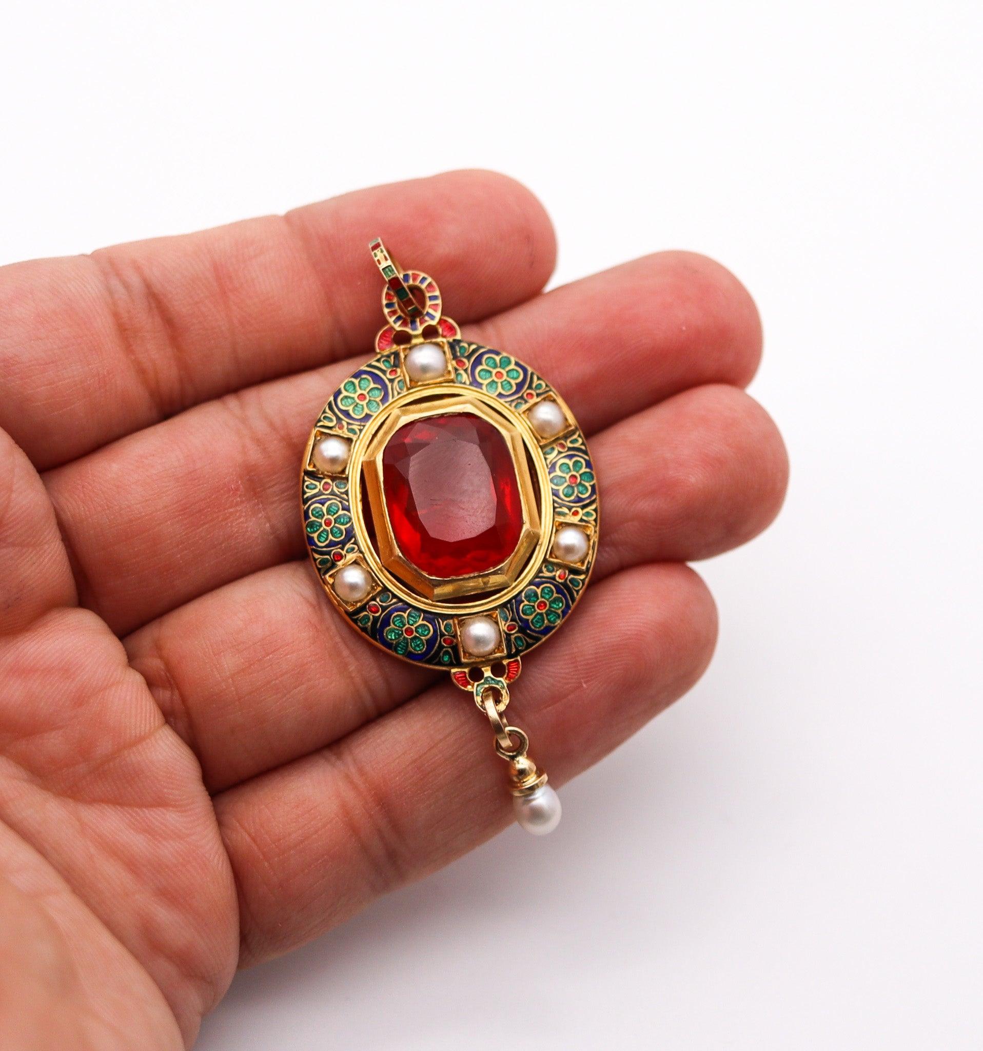 HOLBEINESQUE 1860 Russell Renaissance Revival Pendant 19Kt Gold Pearls Fire Opal For Sale 2