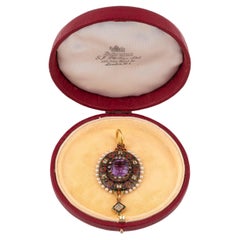 Holbeinesque Amethyst Diamond Enamel Natural Pearl and Gold Pendant, Circa 1865