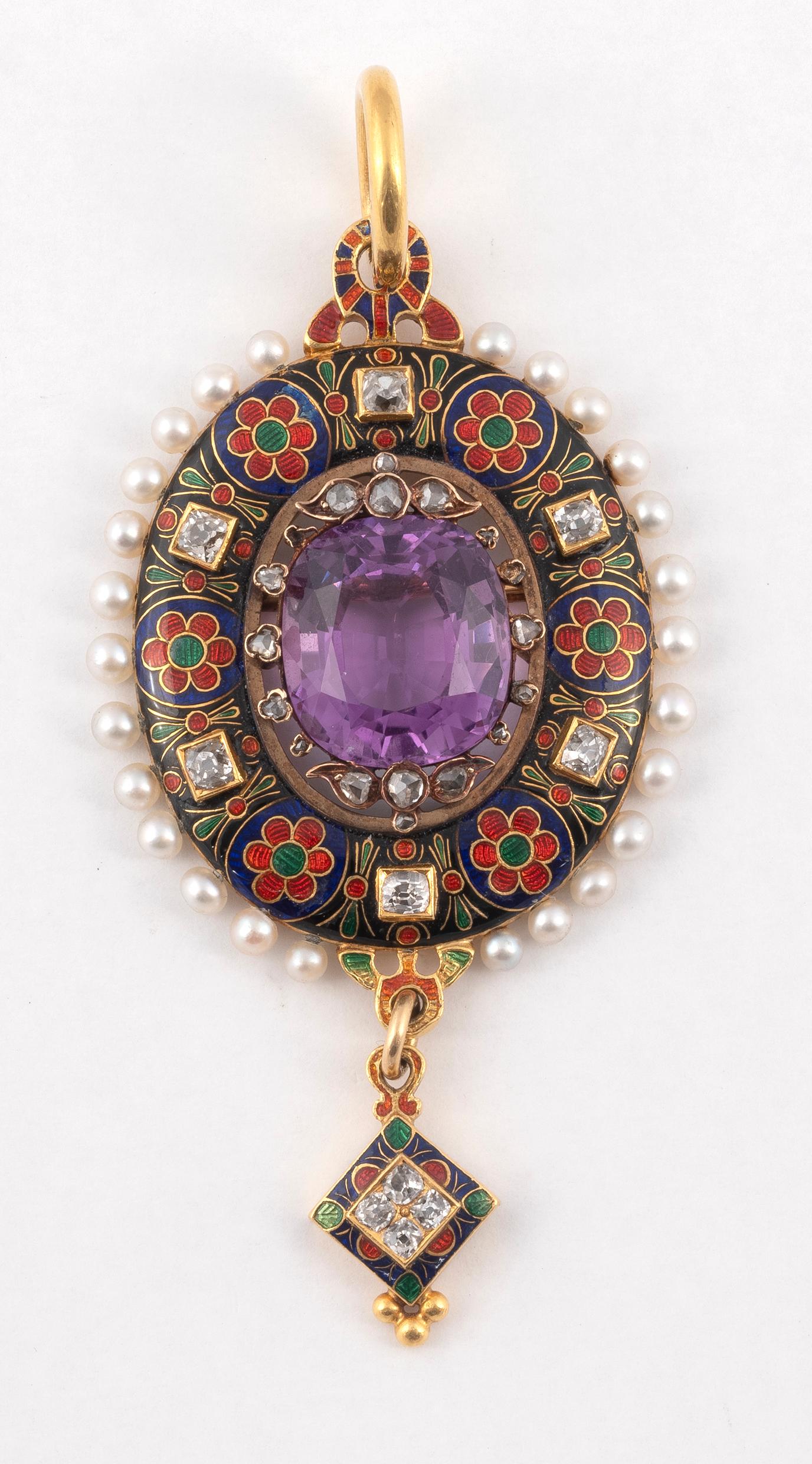 Old European Cut Holbeinesque Amethyst Diamond Enamel Natural Pearl and Gold Pendant, Circa 1865 For Sale