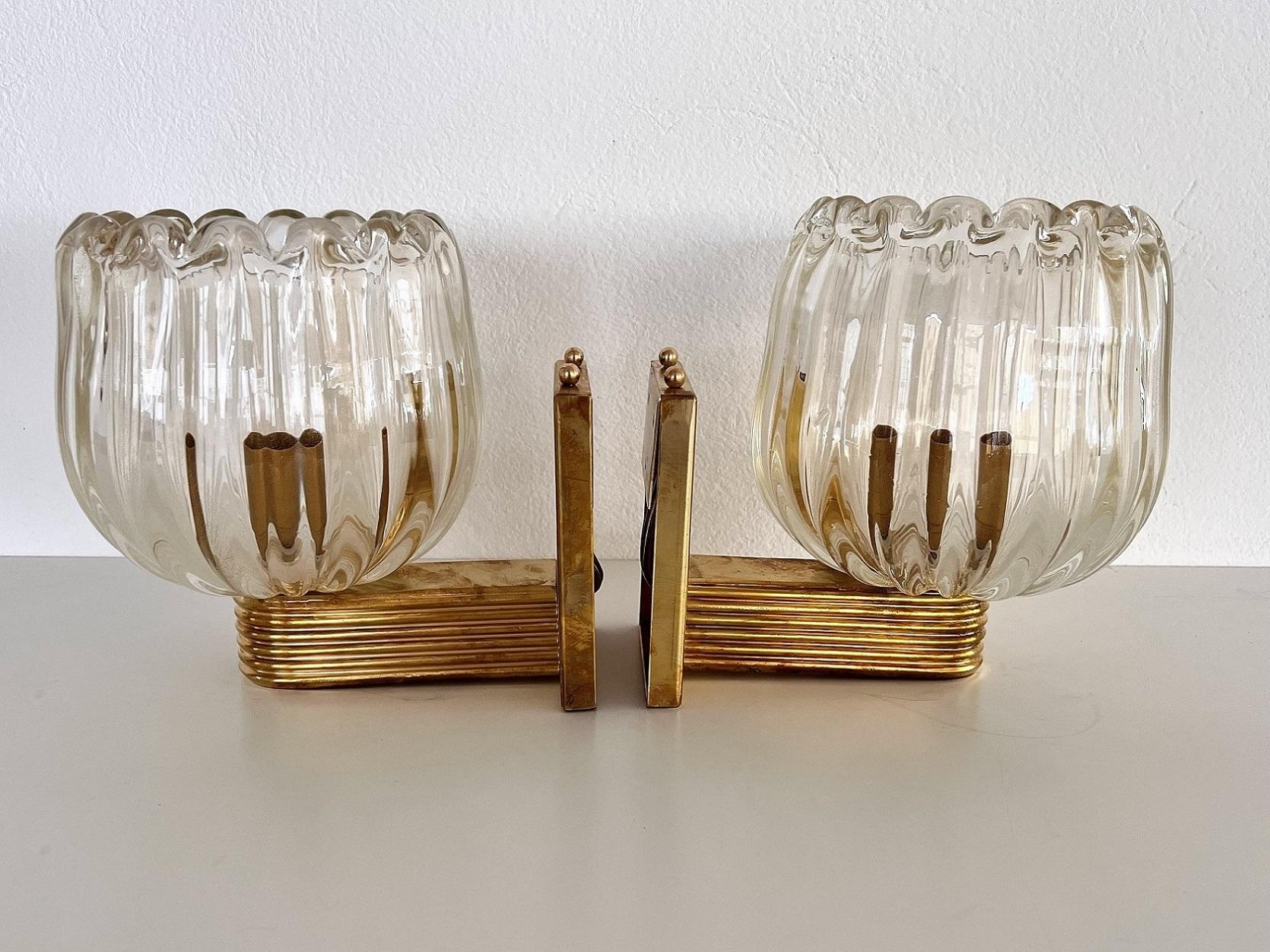hold for Ben: Italian Brass and Murano Glass Wall Sconces in Art Deco Style, 90s 3
