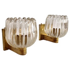 hold for Ben: Italian Brass and Murano Glass Wall Sconces in Art Deco Style, 90s
