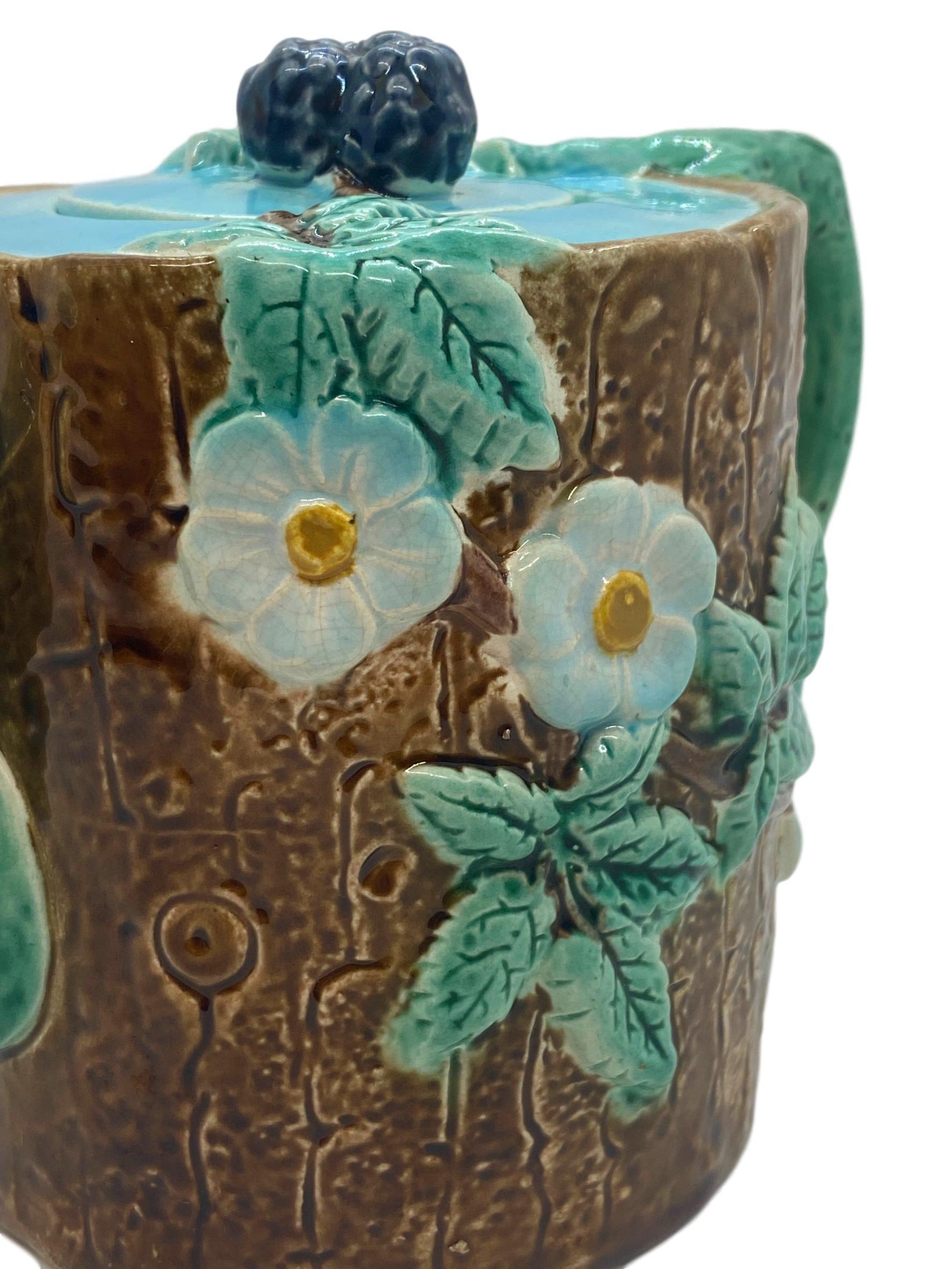 19th Century Holdcroft Majolica Blackberry on Tree Trunk Teapot, Turquoise Blue Cover c. 1877 For Sale