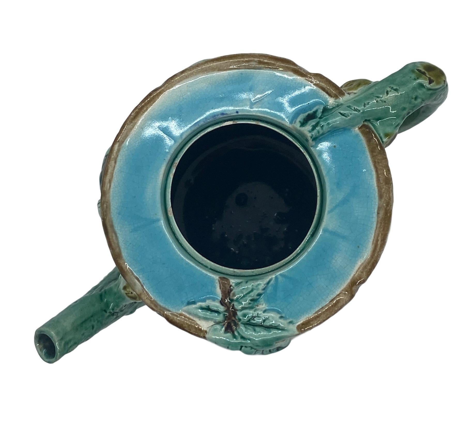 Holdcroft Majolica Blackberry on Tree Trunk Teapot, Turquoise Blue Cover c. 1877 For Sale 1
