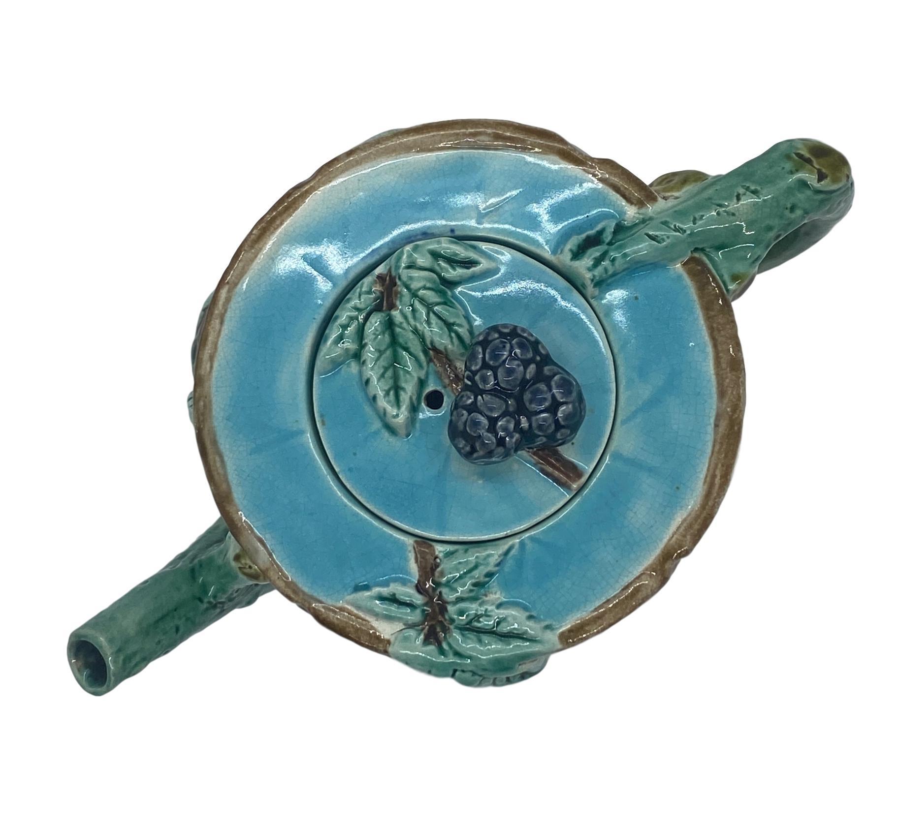 Holdcroft Majolica Blackberry on Tree Trunk Teapot, Turquoise Blue Cover c. 1877 For Sale 2