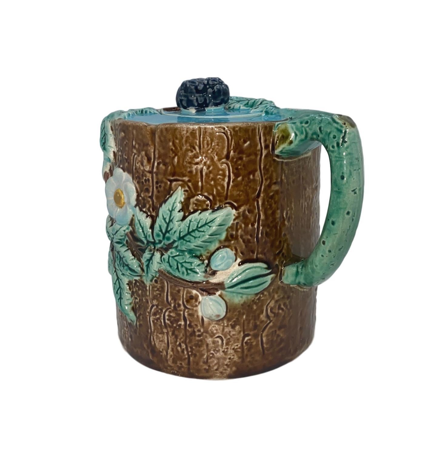 Victorian Holdcroft Majolica Blackberry on Tree Trunk Teapot, Turquoise Blue Cover c. 1877 For Sale